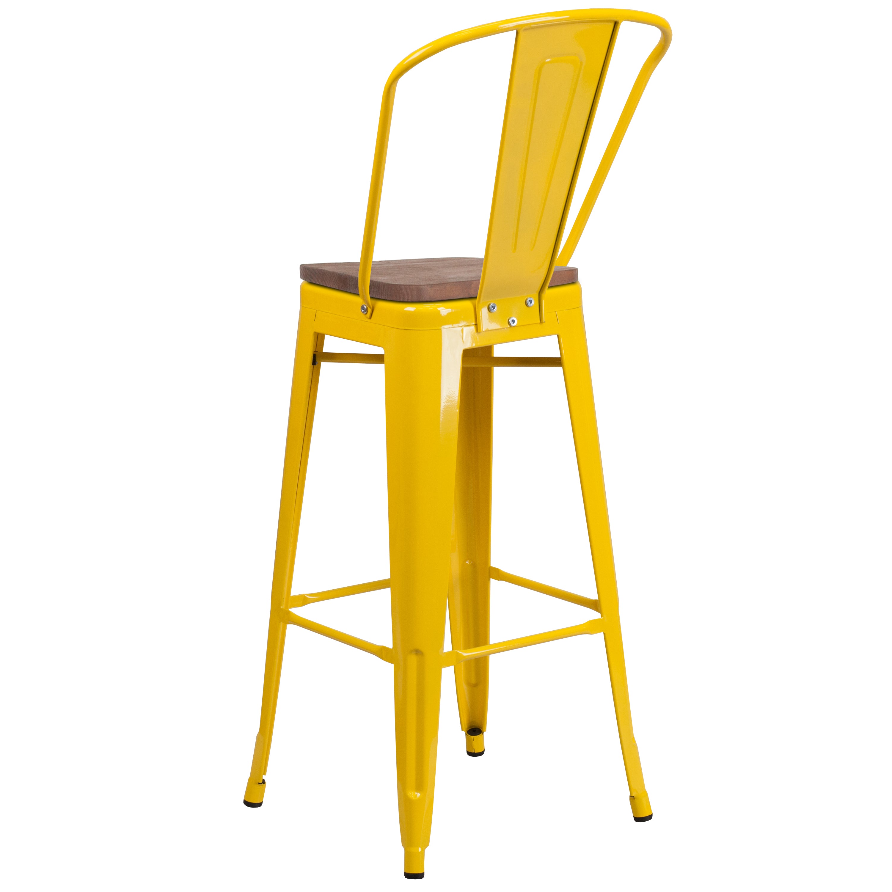Lily 30" High Yellow Metal Barstool with Back and Wood Seat