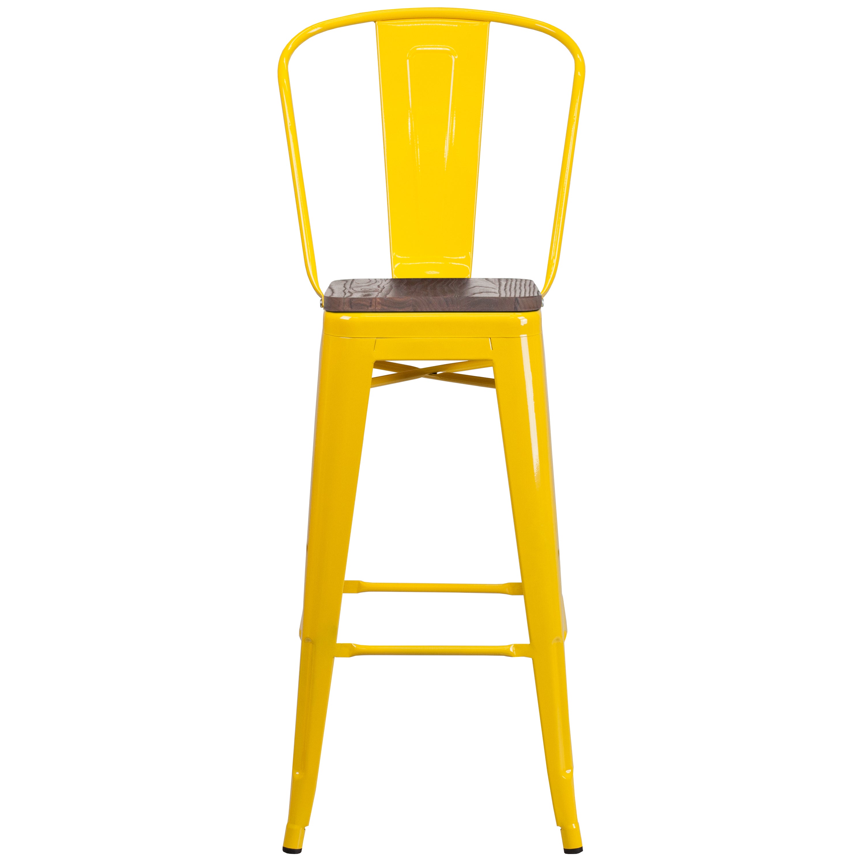 Lily 30" High Yellow Metal Barstool with Back and Wood Seat