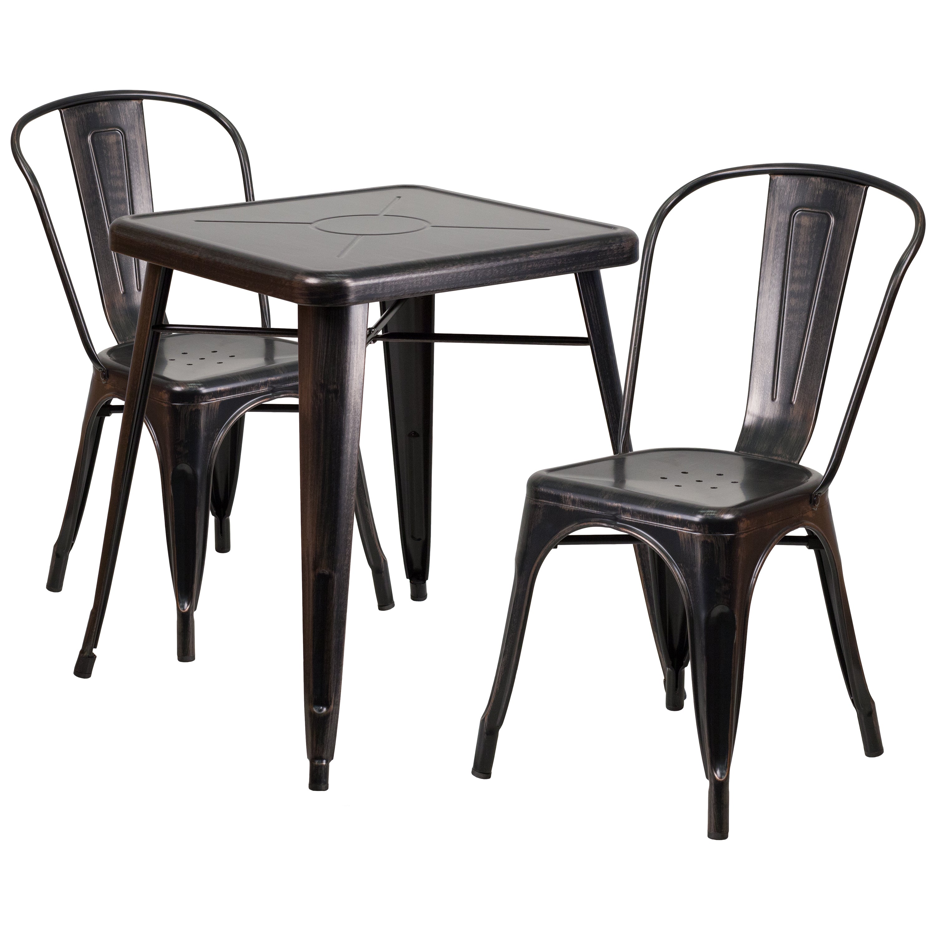 Owen Commercial Grade 23.75" Square Black-Antique Gold Metal Indoor-Outdoor Table Set with 2 Stack Chairs