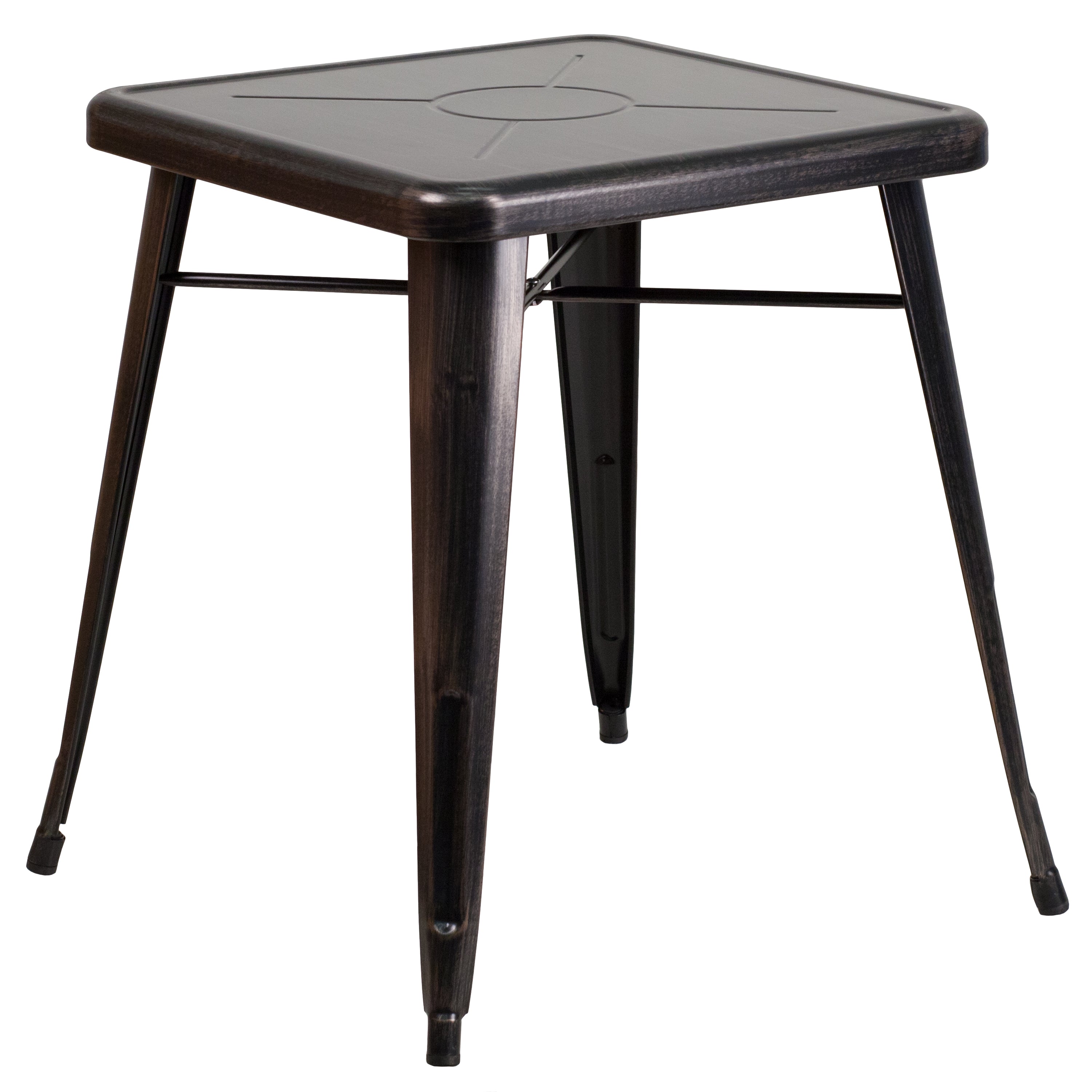 Owen Commercial Grade 23.75" Square Black-Antique Gold Metal Indoor-Outdoor Table Set with 2 Stack Chairs