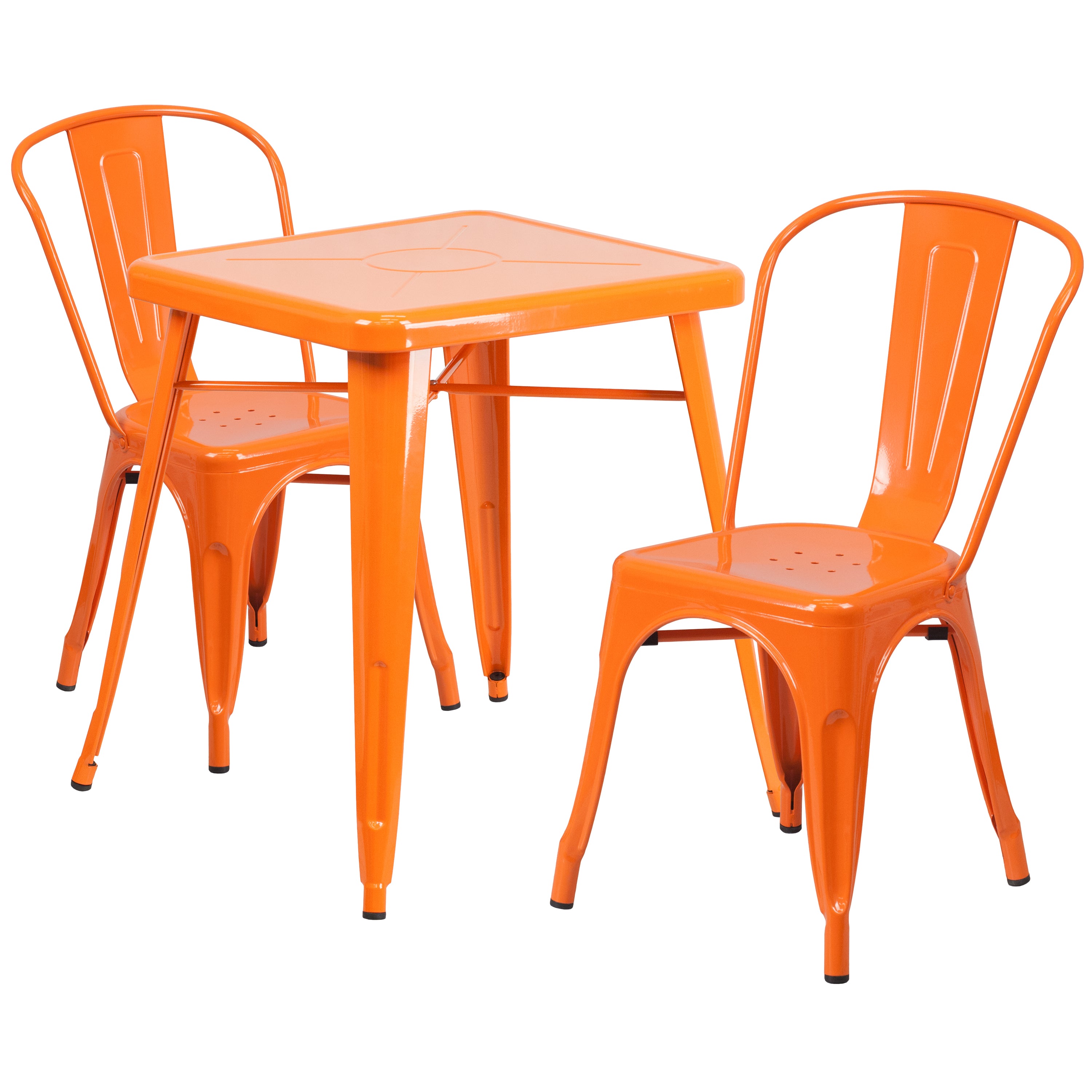 Owen Commercial Grade 23.75" Square Orange Metal Indoor-Outdoor Table Set with 2 Stack Chairs