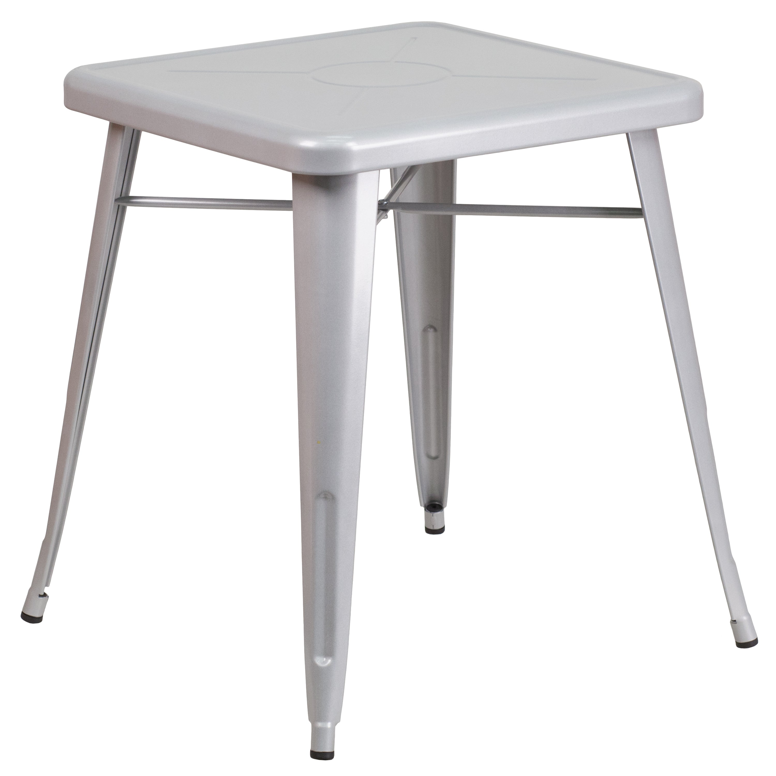 Owen Commercial Grade 23.75" Square Silver Metal Indoor-Outdoor Table Set with 2 Stack Chairs
