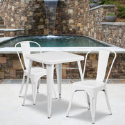 Owen Commercial Grade 23.75" Square White Metal Indoor-Outdoor Table Set with 2 Stack Chairs
