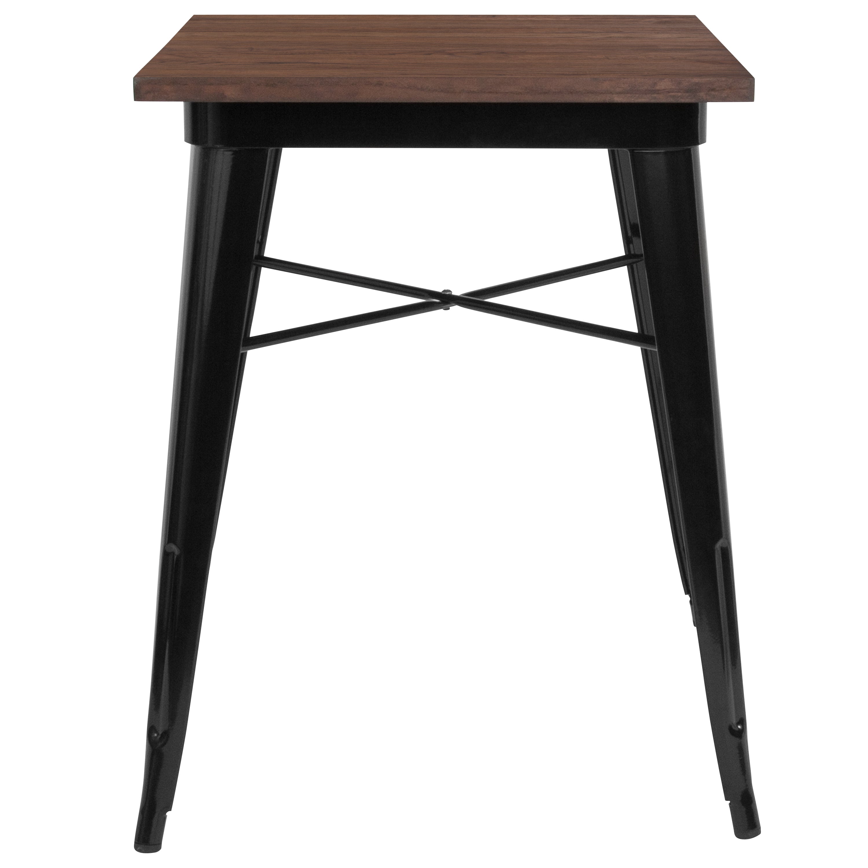 Prince 23.5" Square Black Metal Indoor Table with Walnut Rustic Wood Top
