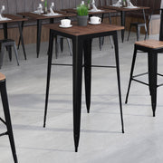 Prince 23.5" Square Black Metal Indoor Bar Height Table with Walnut Rustic Wood Top