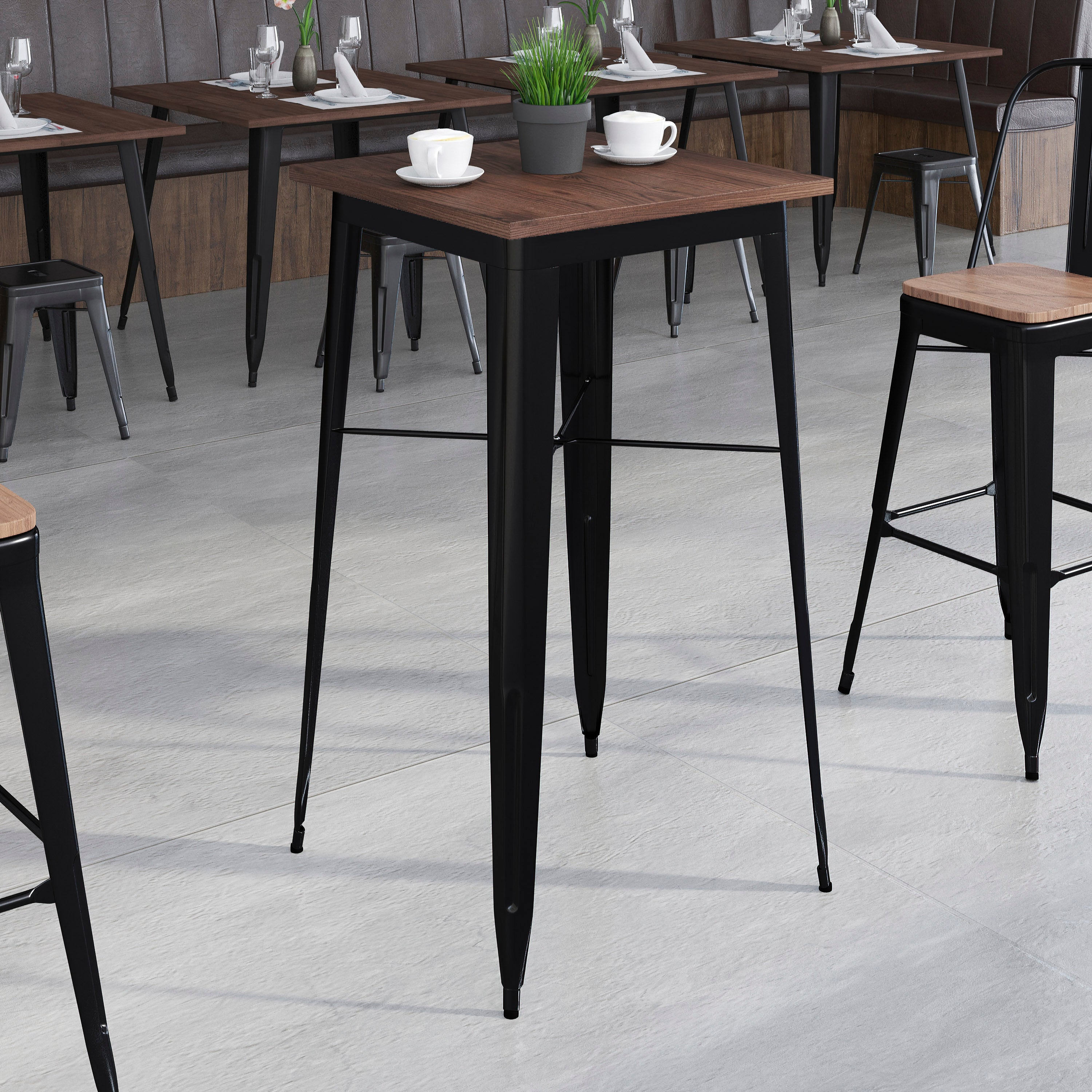 Prince 23.5" Square Black Metal Indoor Bar Height Table with Walnut Rustic Wood Top
