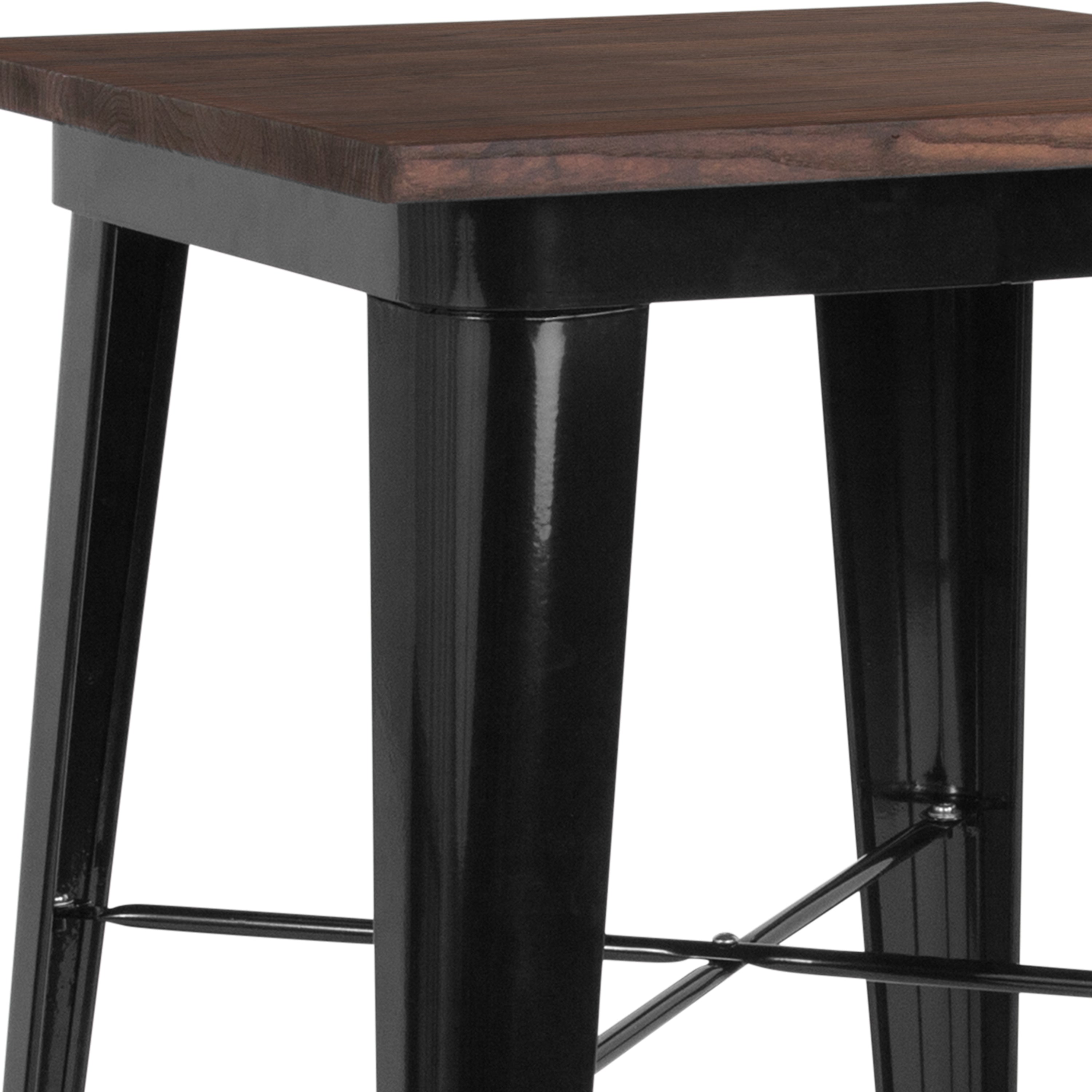Prince 23.5" Square Black Metal Indoor Bar Height Table with Walnut Rustic Wood Top