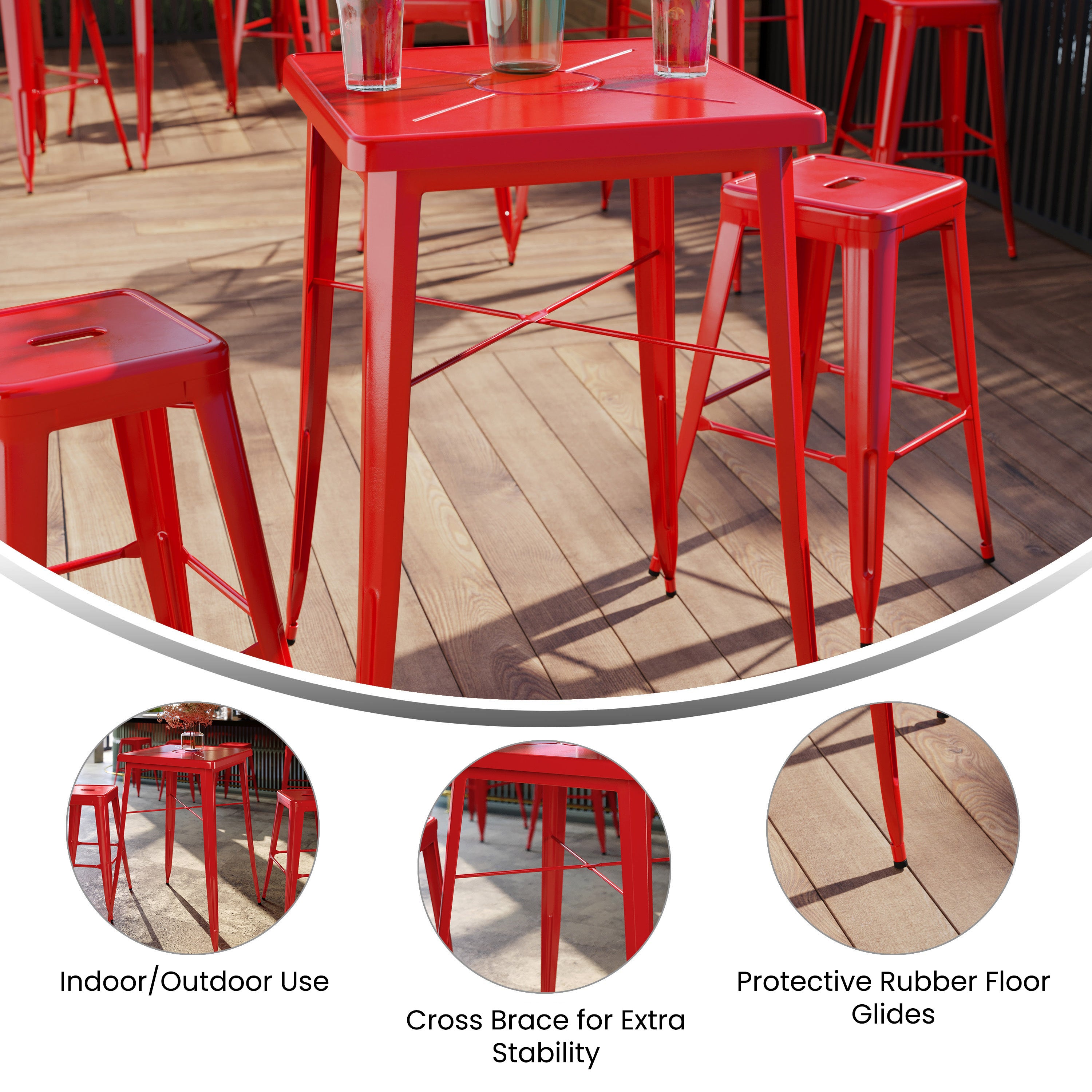 Aaron Commercial Grade 23.75" Square Red Metal Indoor-Outdoor Bar Height Table