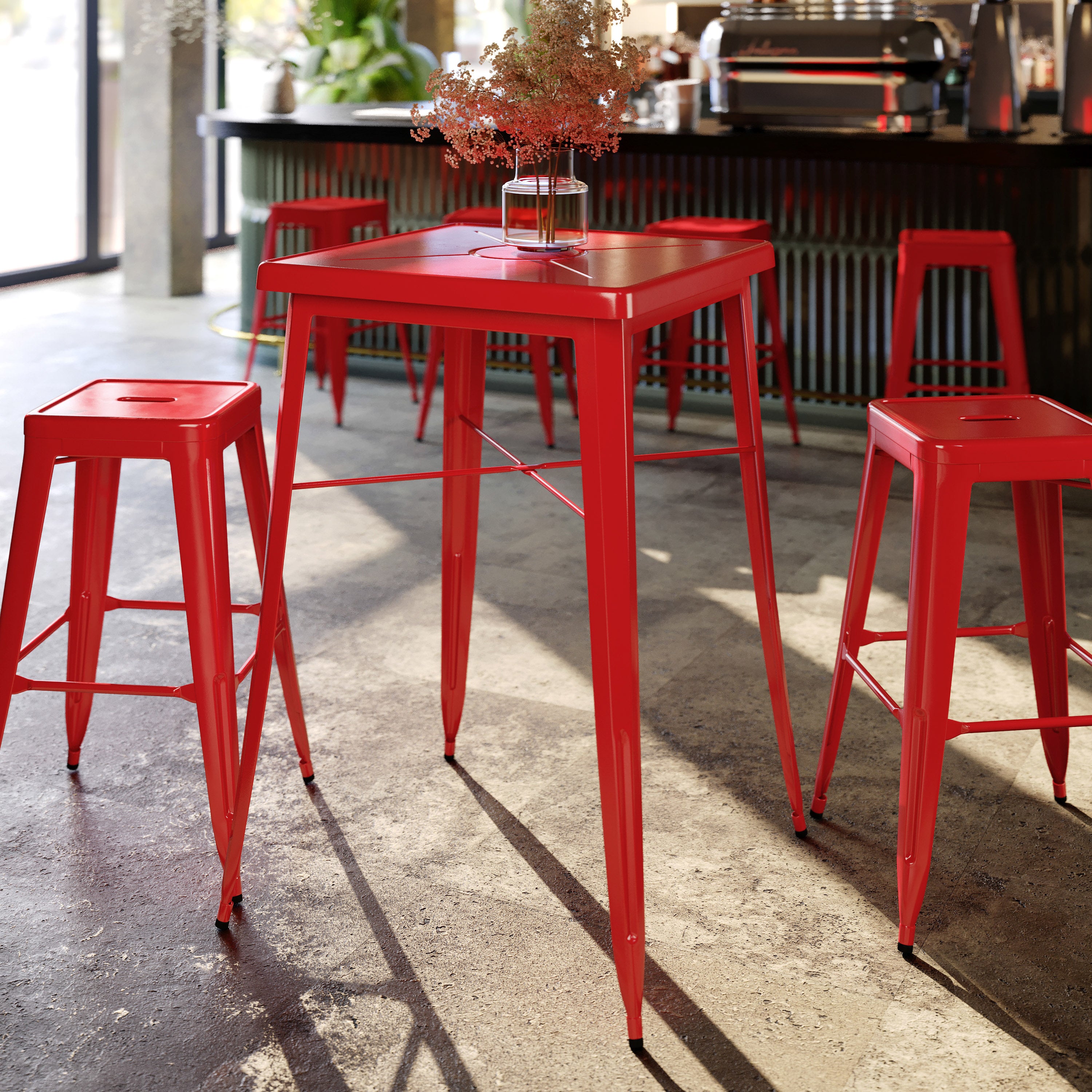 Aaron Commercial Grade 23.75" Square Red Metal Indoor-Outdoor Bar Height Table