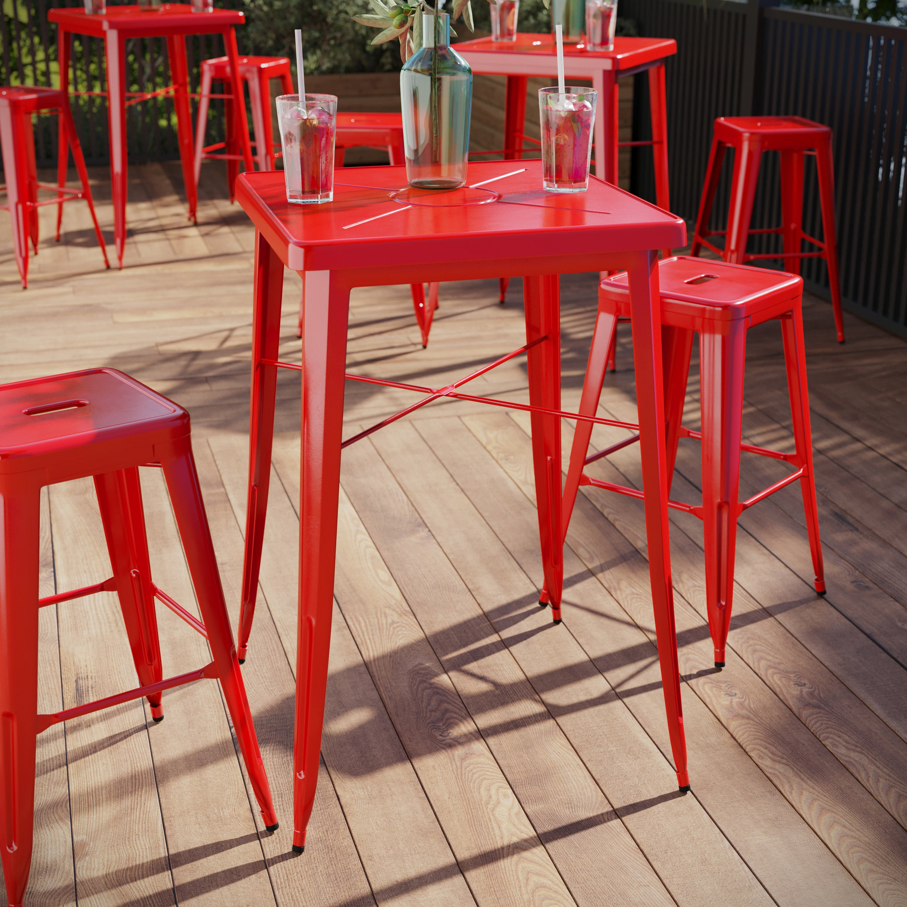 Aaron Commercial Grade 23.75" Square Red Metal Indoor-Outdoor Bar Height Table