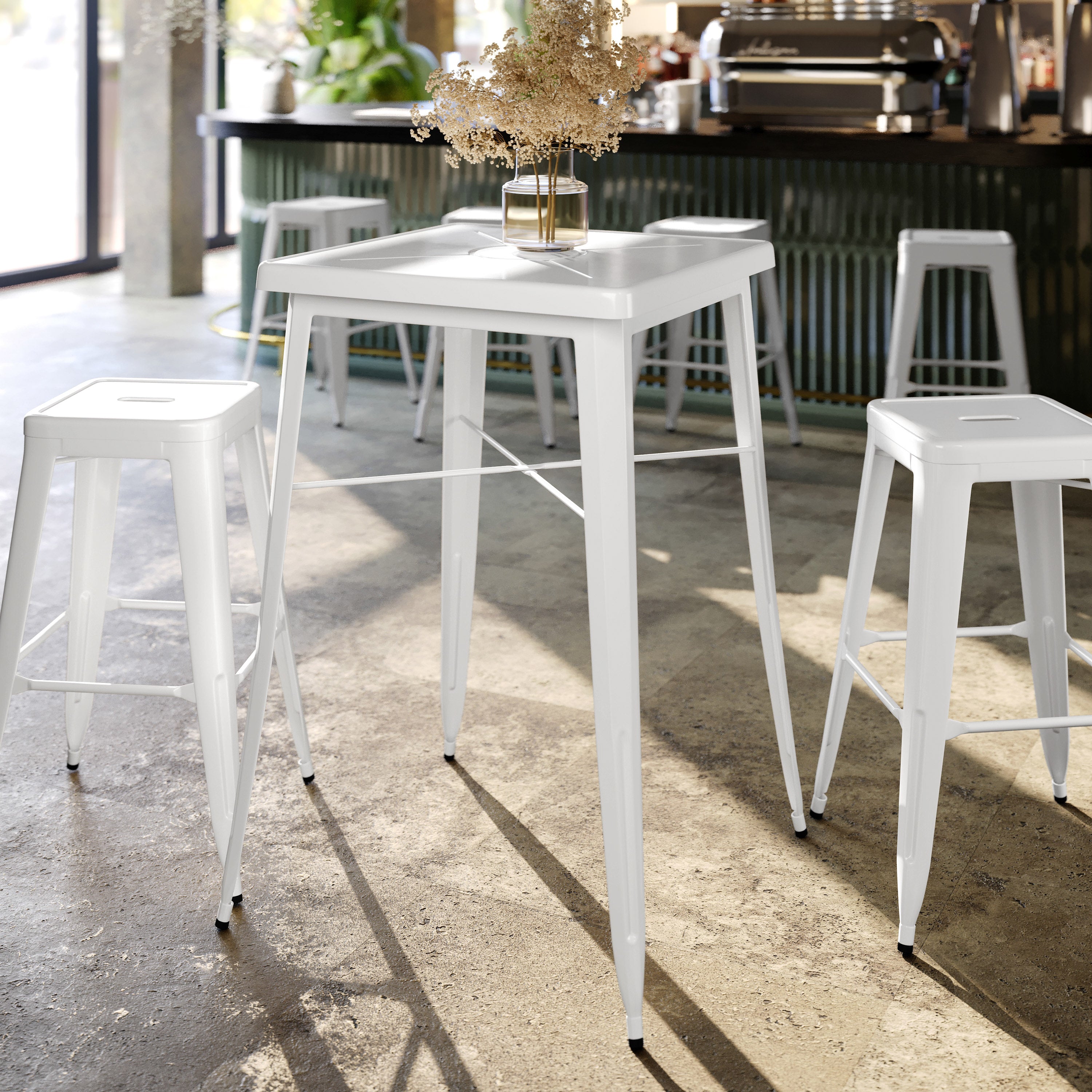 Aaron Commercial Grade 23.75" Square White Metal Indoor-Outdoor Bar Height Table