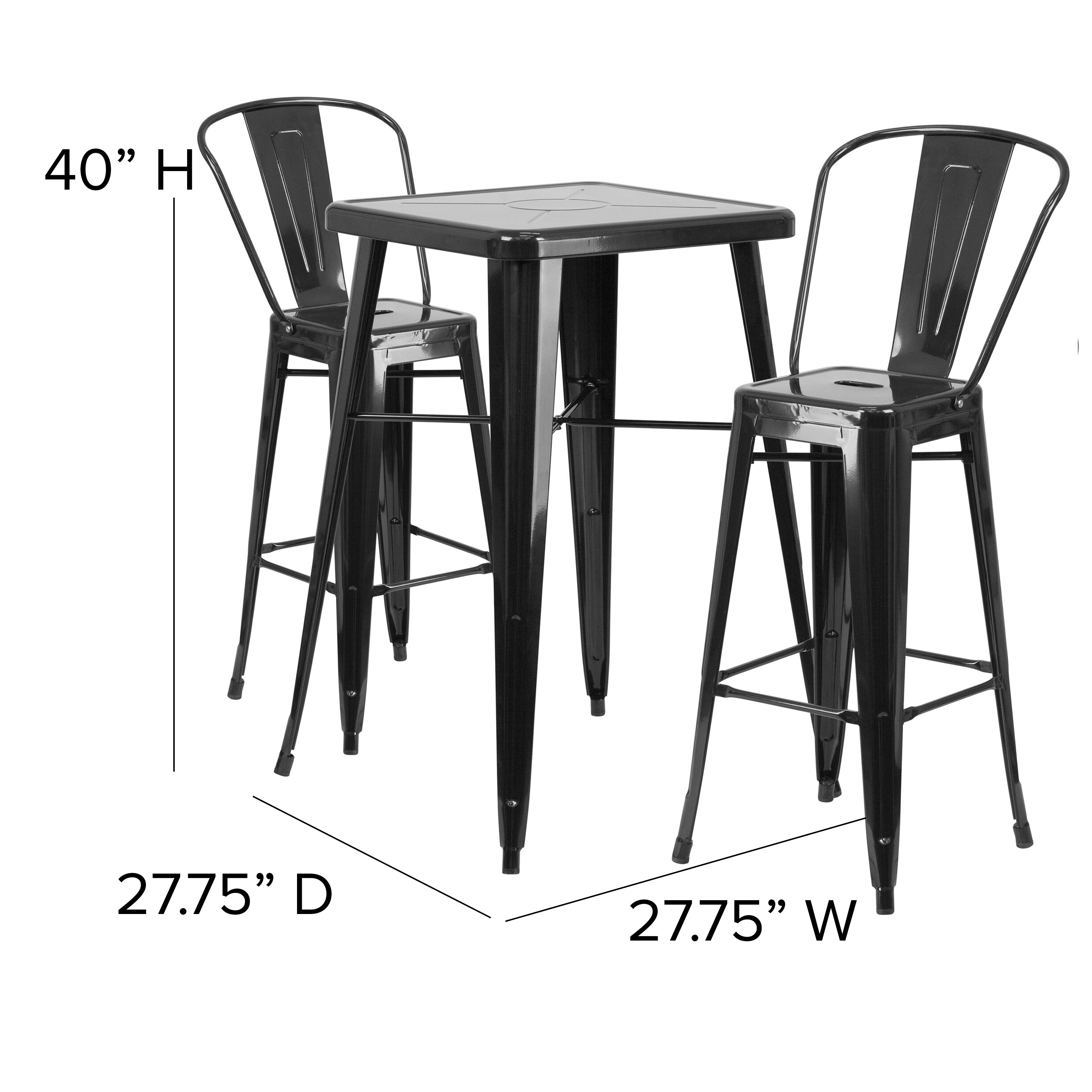 Gable Commercial Grade 23.75" Square Black Metal Indoor-Outdoor Bar Table Set with 2 Stools with Backs