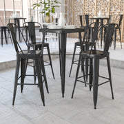 Gable Commercial Grade 23.75" Square Black Metal Indoor-Outdoor Bar Table Set with 2 Stools with Backs