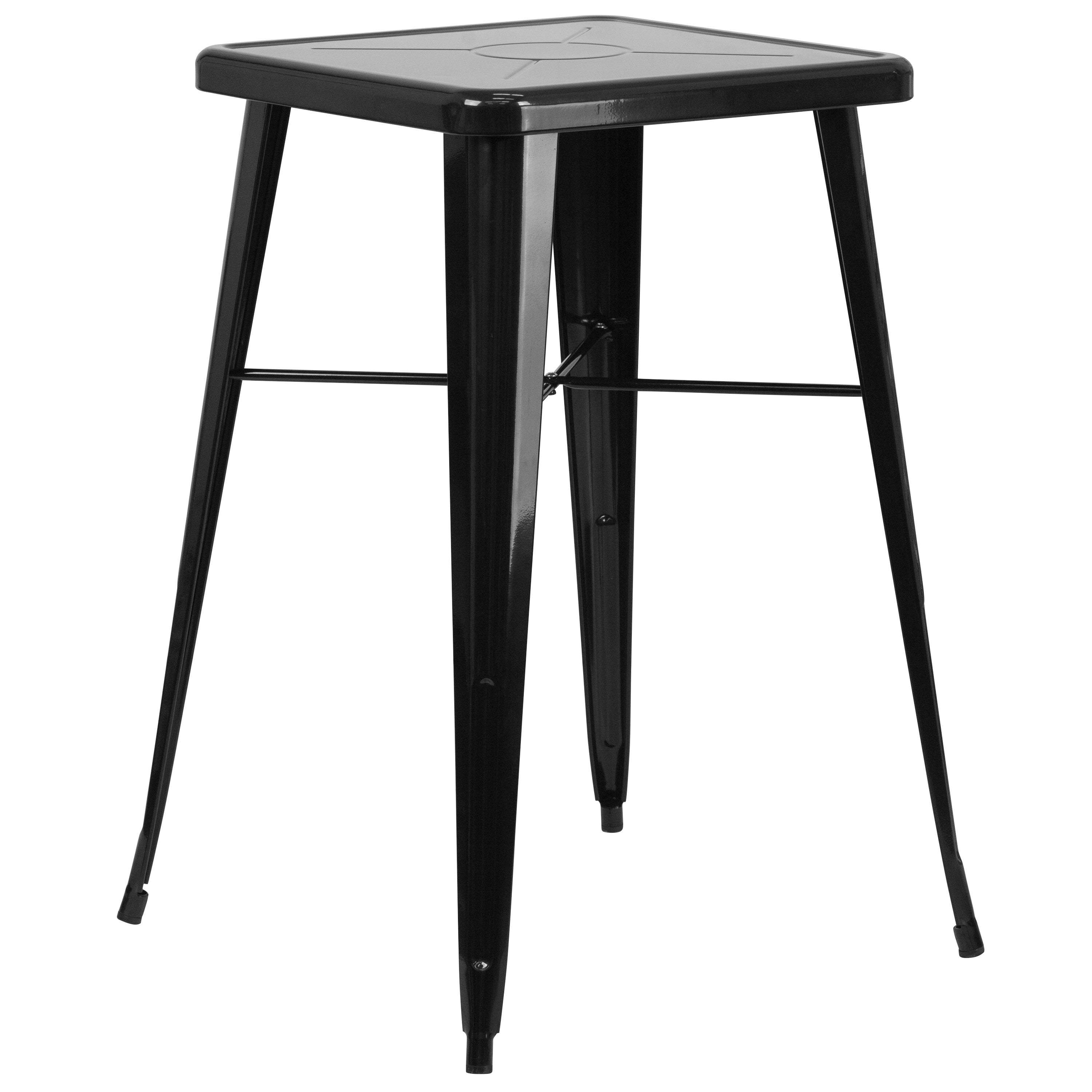 Gable Commercial Grade 23.75" Square Black Metal Indoor-Outdoor Bar Table Set with 2 Stools with Backs