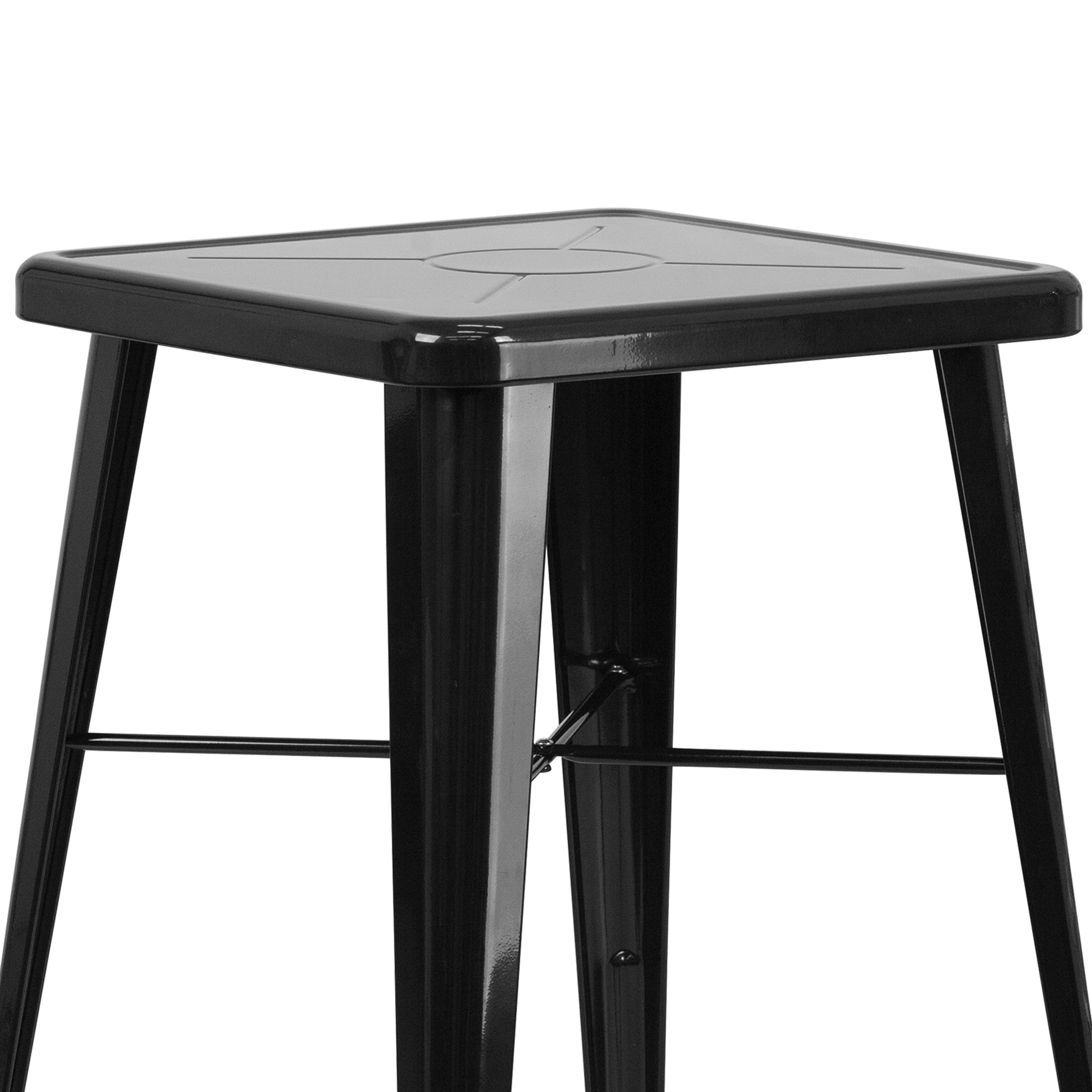 Gable Commercial Grade 23.75" Square Black Metal Indoor-Outdoor Bar Table Set with 2 Stools with Backs