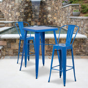 Gable Commercial Grade 23.75" Square Blue Metal Indoor-Outdoor Bar Table Set with 2 Stools with Backs
