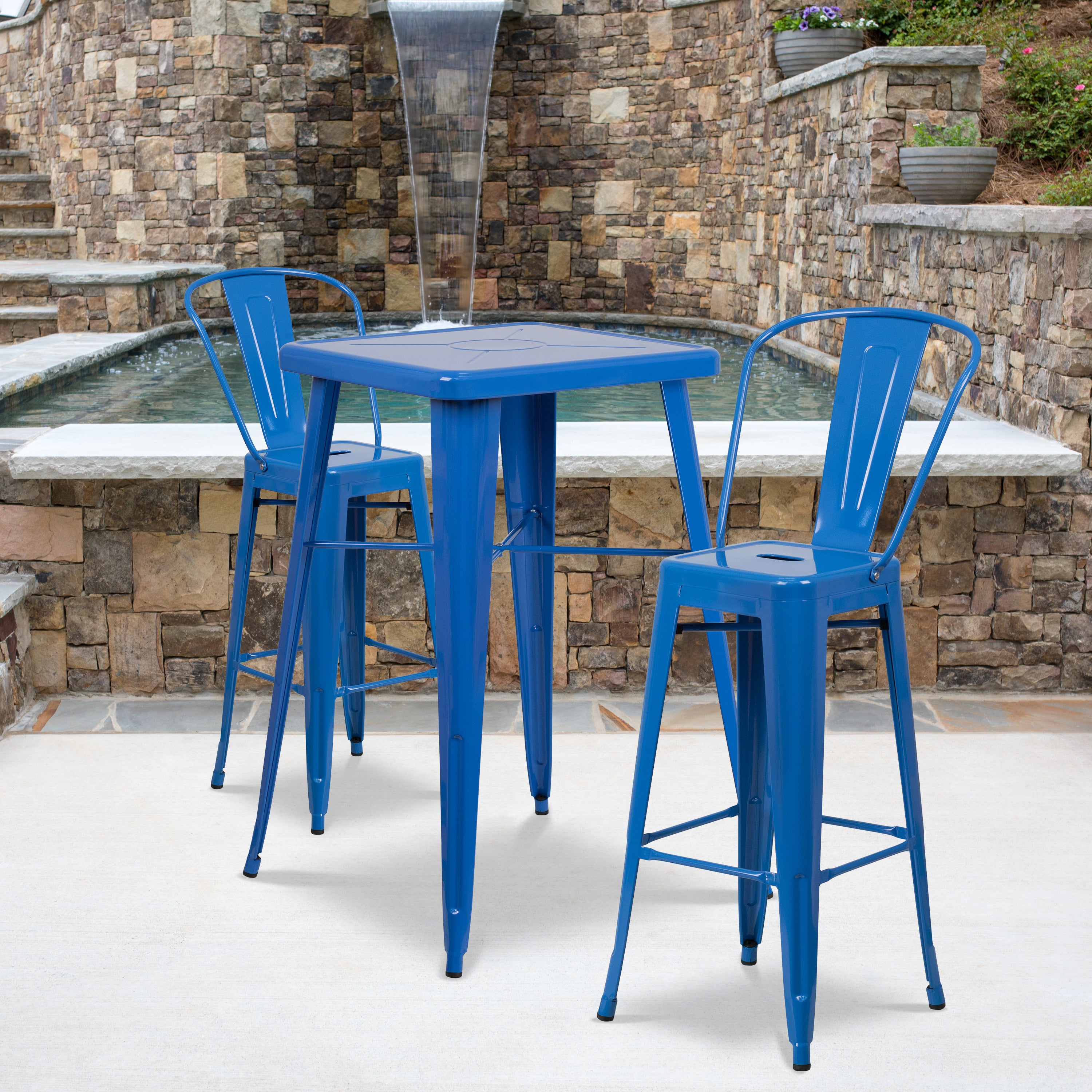 Gable Commercial Grade 23.75" Square Blue Metal Indoor-Outdoor Bar Table Set with 2 Stools with Backs