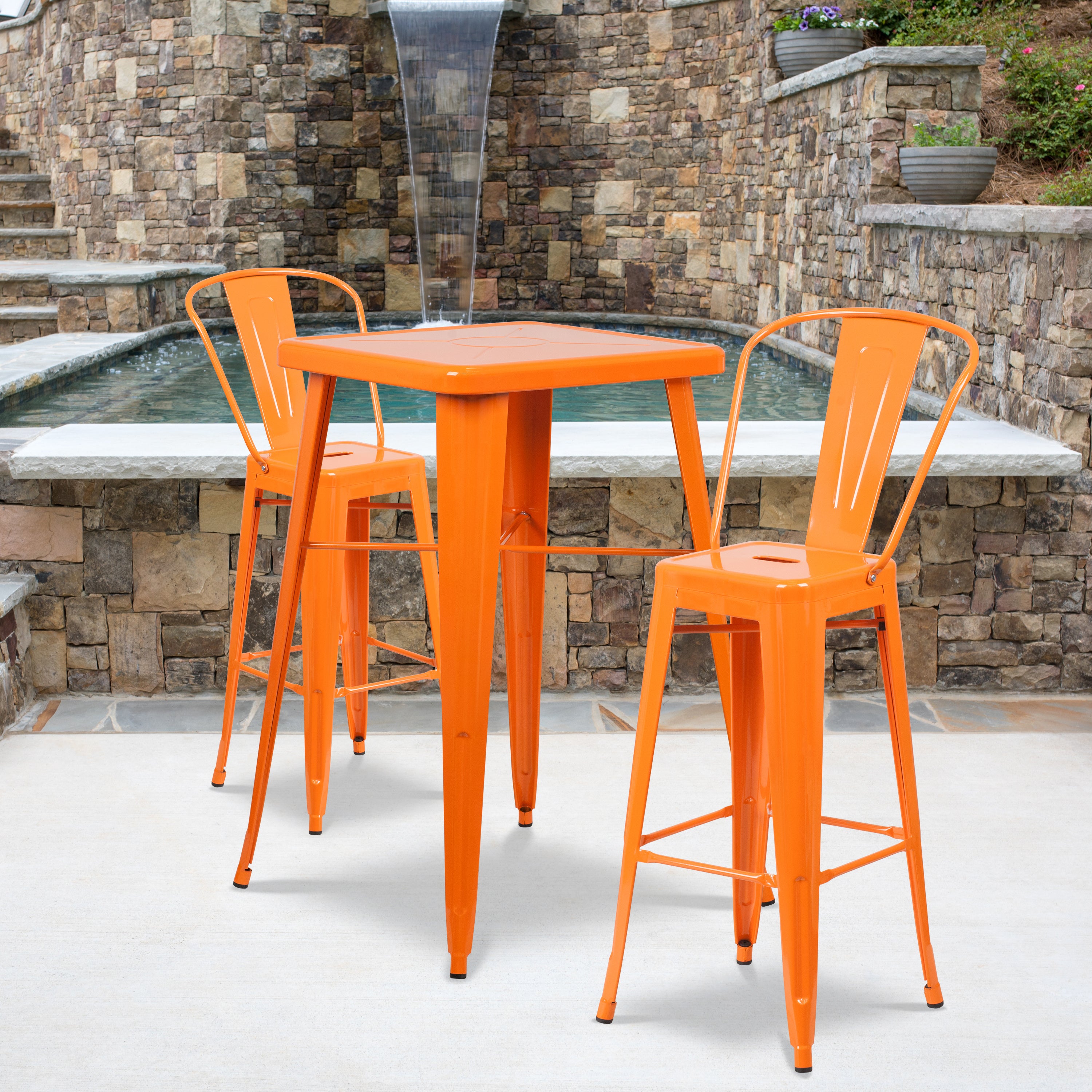 Gable Commercial Grade 23.75" Square Orange Metal Indoor-Outdoor Bar Table Set with 2 Stools with Backs