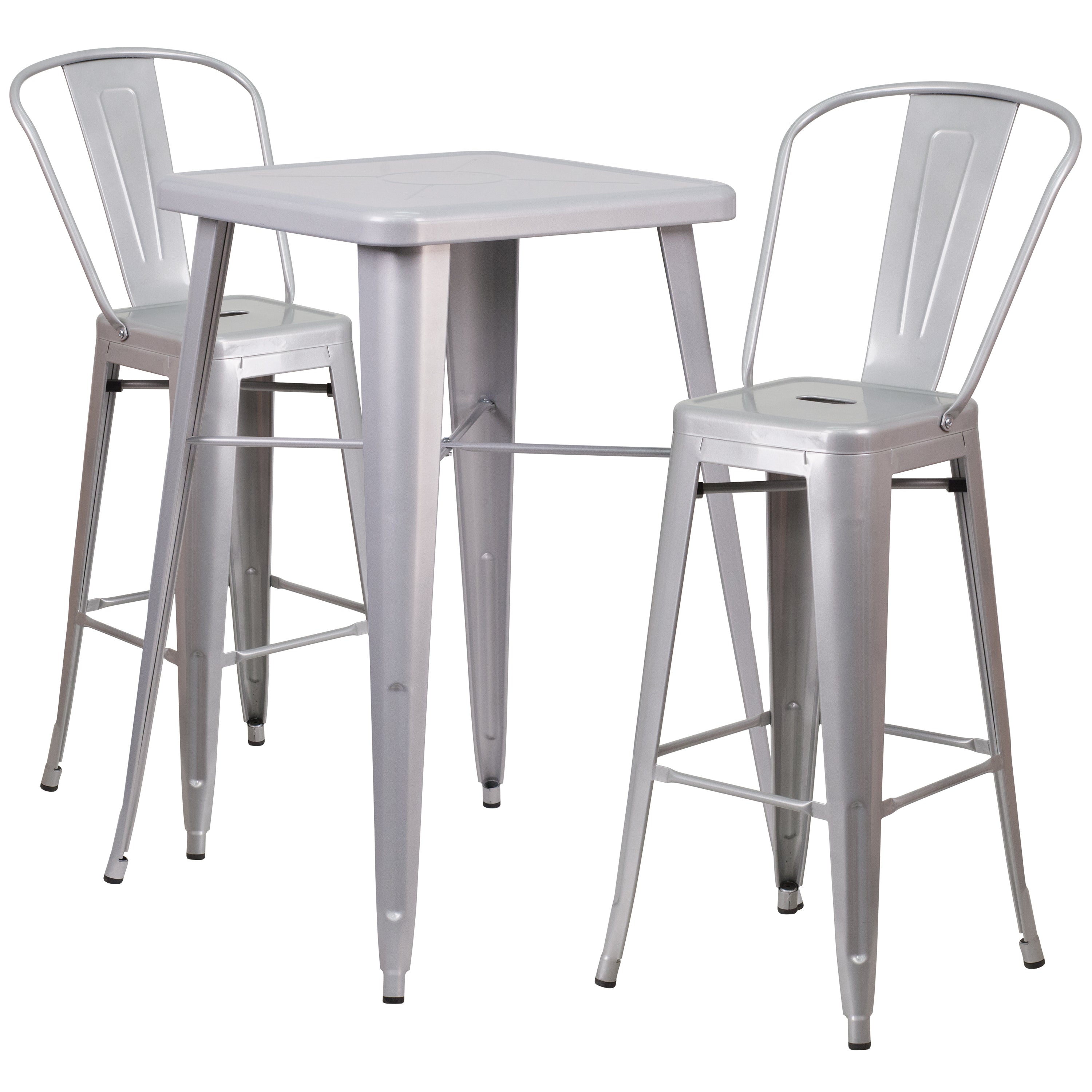 Gable Commercial Grade 23.75" Square Silver Metal Indoor-Outdoor Bar Table Set with 2 Stools with Backs