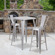 Gable Commercial Grade 23.75" Square Silver Metal Indoor-Outdoor Bar Table Set with 2 Stools with Backs