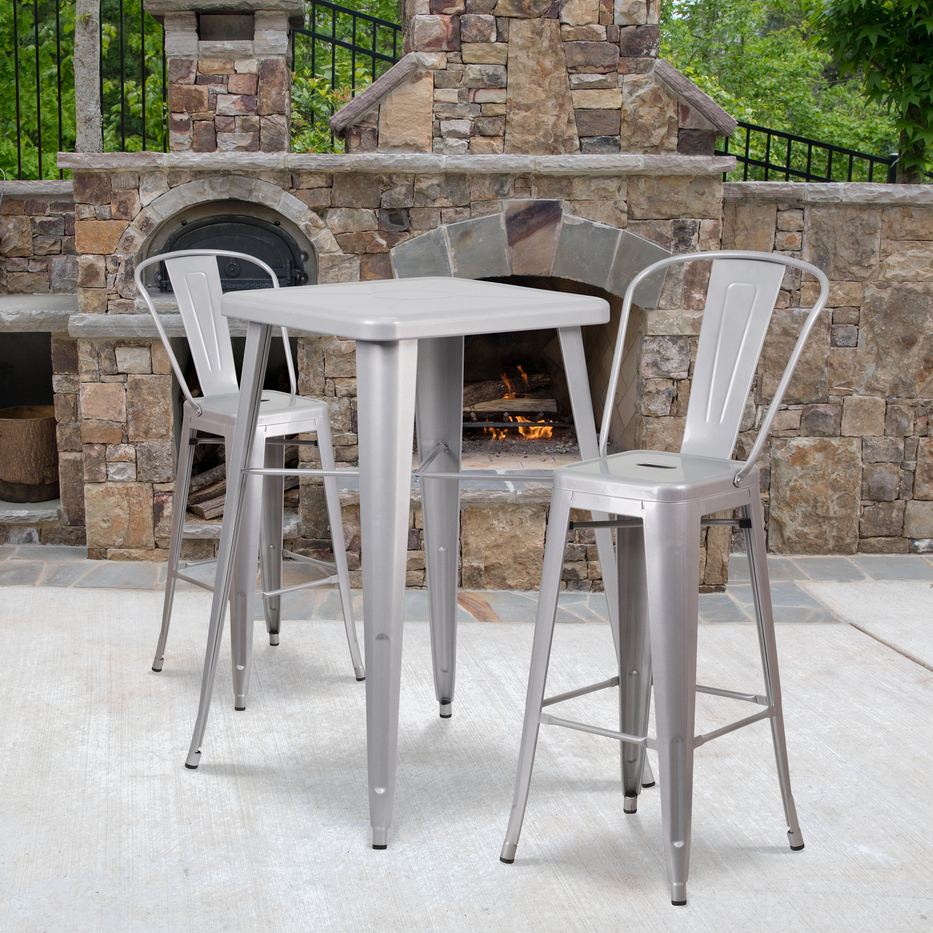 Gable Commercial Grade 23.75" Square Silver Metal Indoor-Outdoor Bar Table Set with 2 Stools with Backs