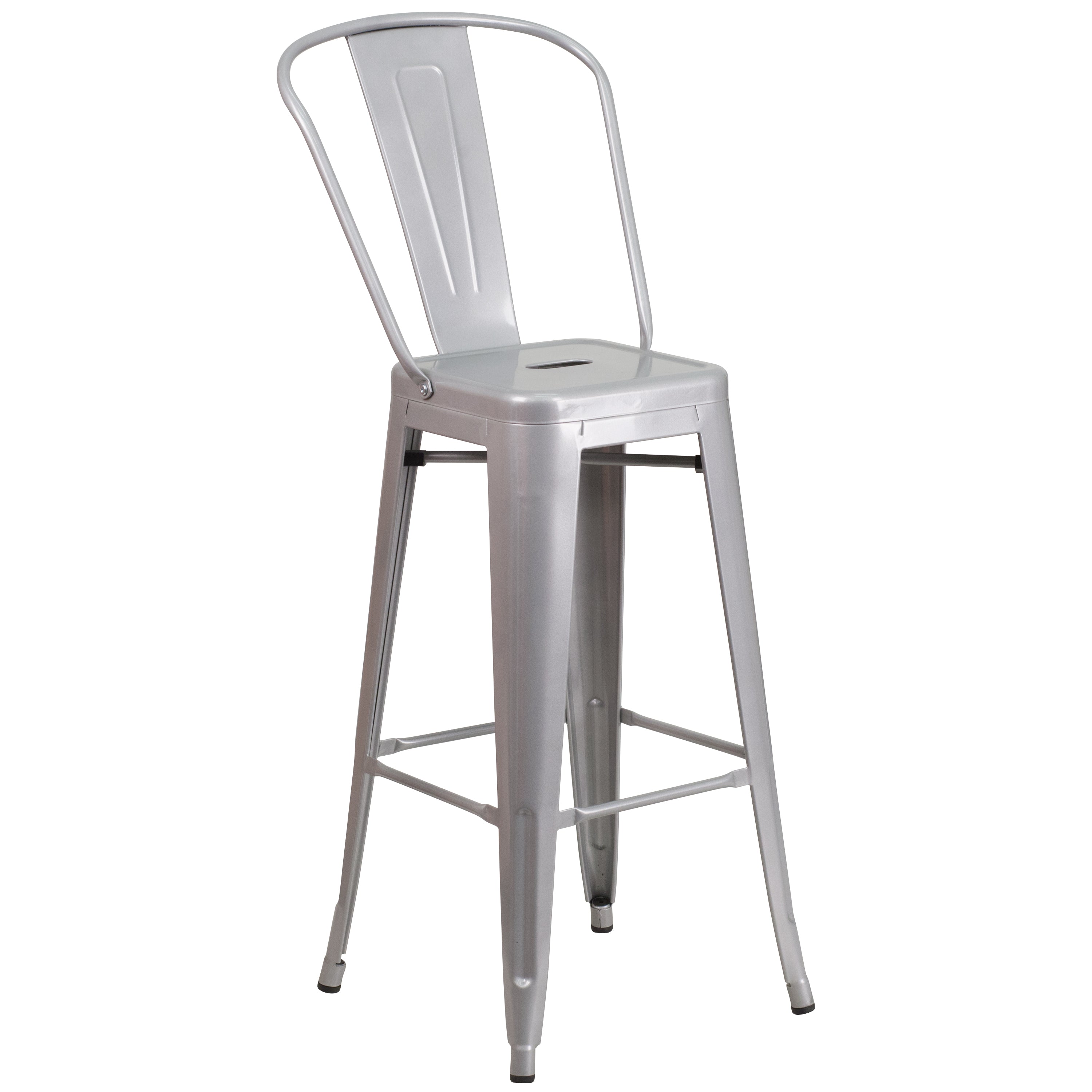 Gable Commercial Grade 23.75" Square Silver Metal Indoor-Outdoor Bar Table Set with 2 Stools with Backs