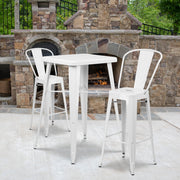 Gable Commercial Grade 23.75" Square White Metal Indoor-Outdoor Bar Table Set with 2 Stools with Backs