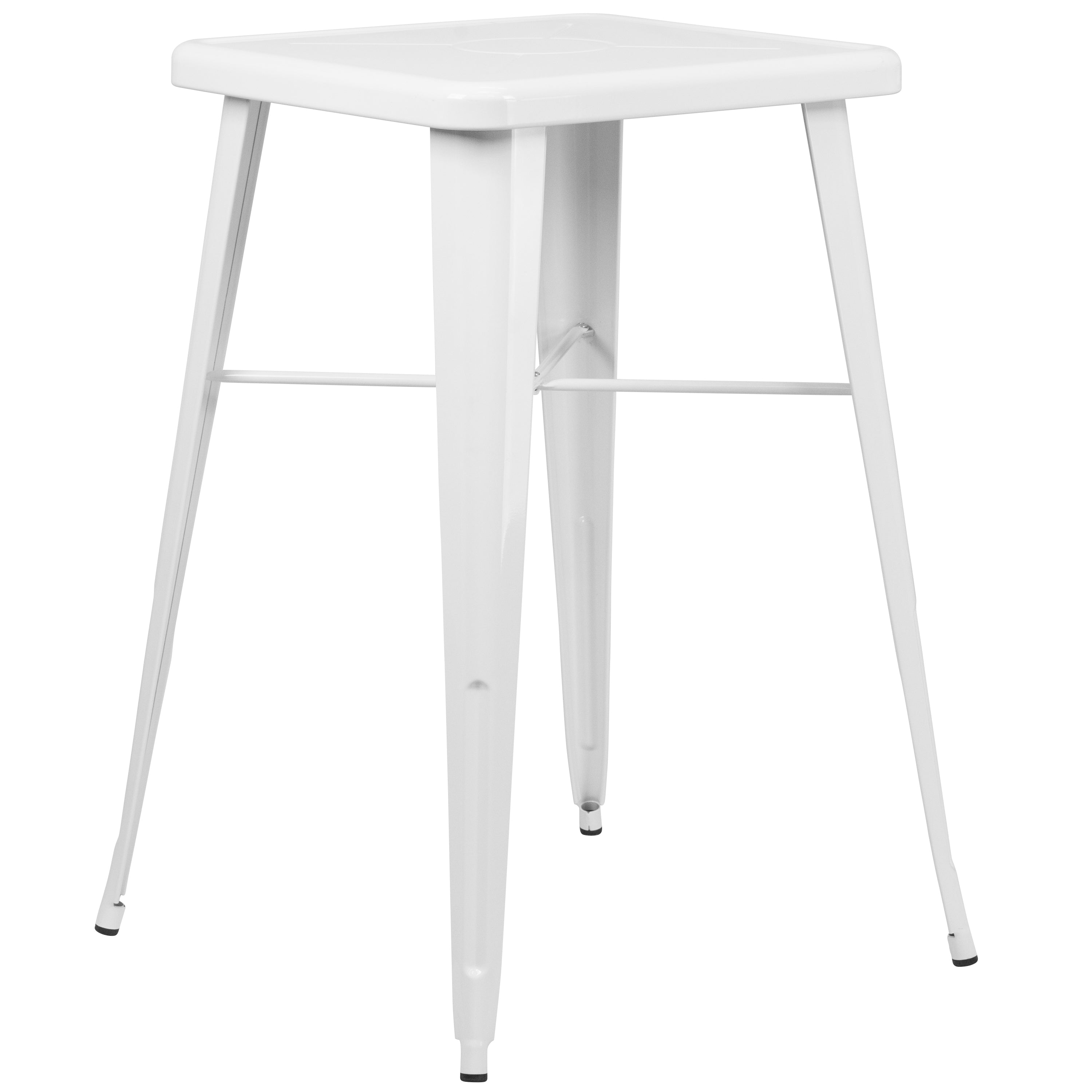 Gable Commercial Grade 23.75" Square White Metal Indoor-Outdoor Bar Table Set with 2 Stools with Backs