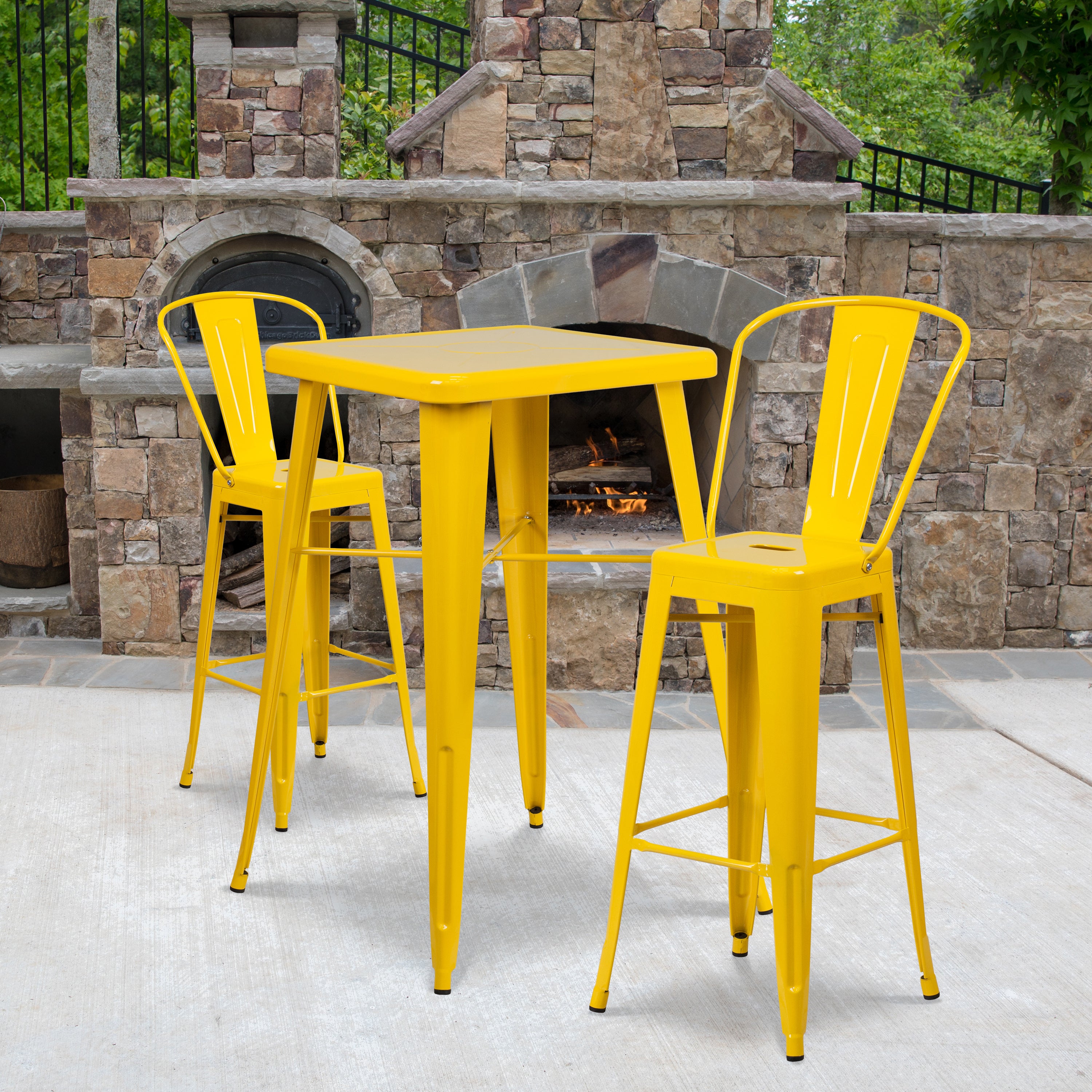 Gable Commercial Grade 23.75" Square Yellow Metal Indoor-Outdoor Bar Table Set with 2 Stools with Backs