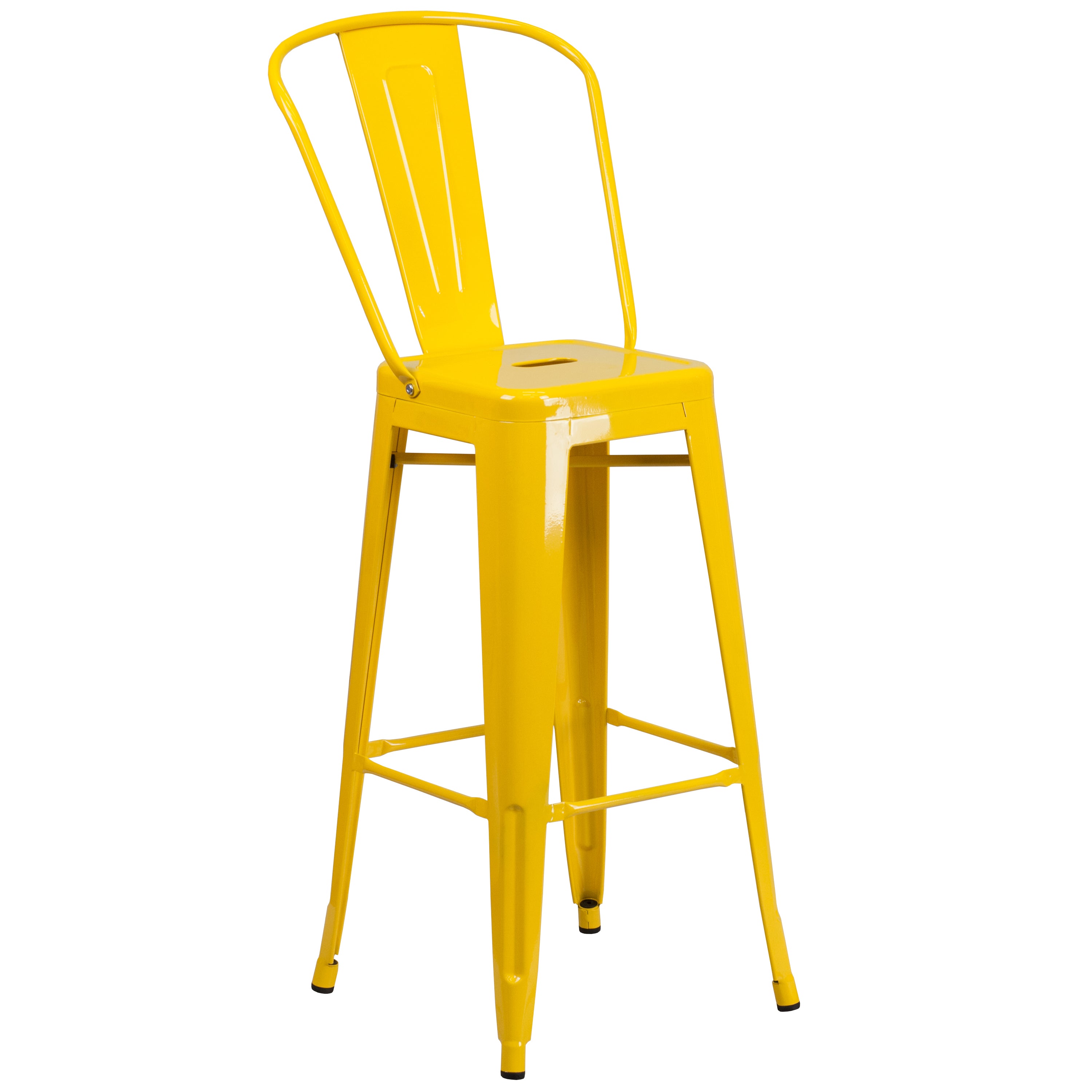 Gable Commercial Grade 23.75" Square Yellow Metal Indoor-Outdoor Bar Table Set with 2 Stools with Backs