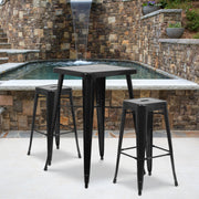 Stone Commercial Grade 23.75" Square Black Metal Indoor-Outdoor Bar Table Set with 2 Square Seat Backless Stools