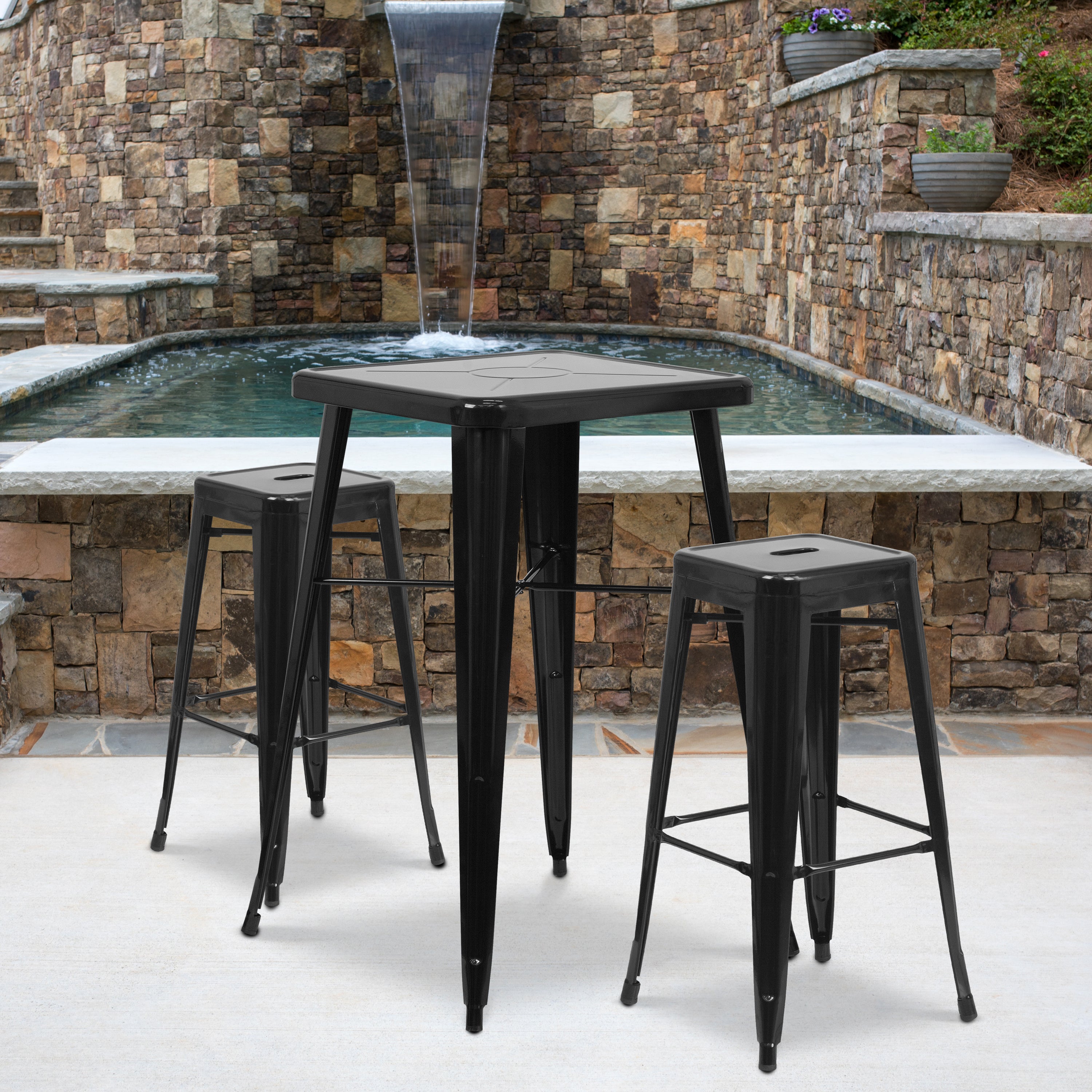 Stone Commercial Grade 23.75" Square Black Metal Indoor-Outdoor Bar Table Set with 2 Square Seat Backless Stools