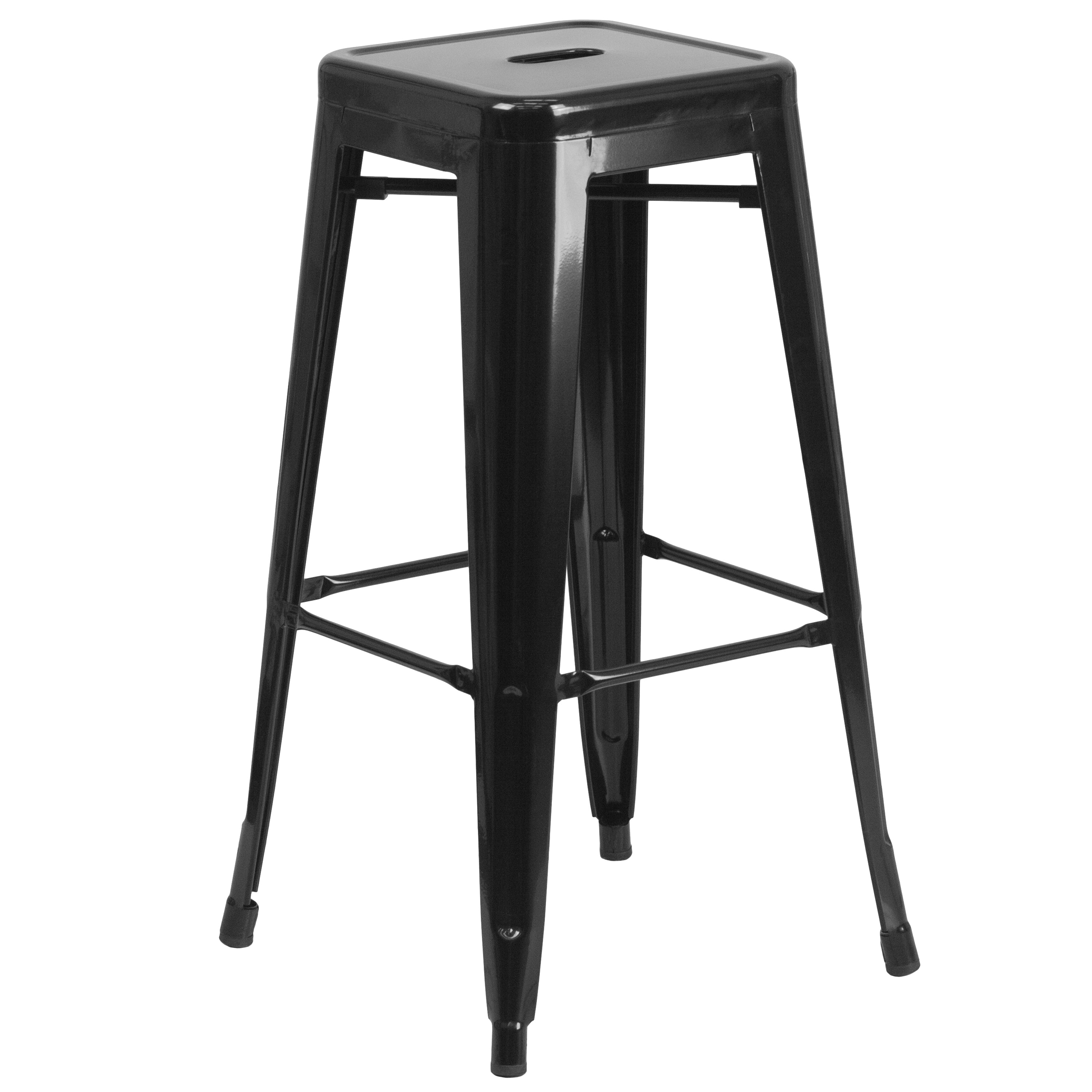 Stone Commercial Grade 23.75" Square Black Metal Indoor-Outdoor Bar Table Set with 2 Square Seat Backless Stools
