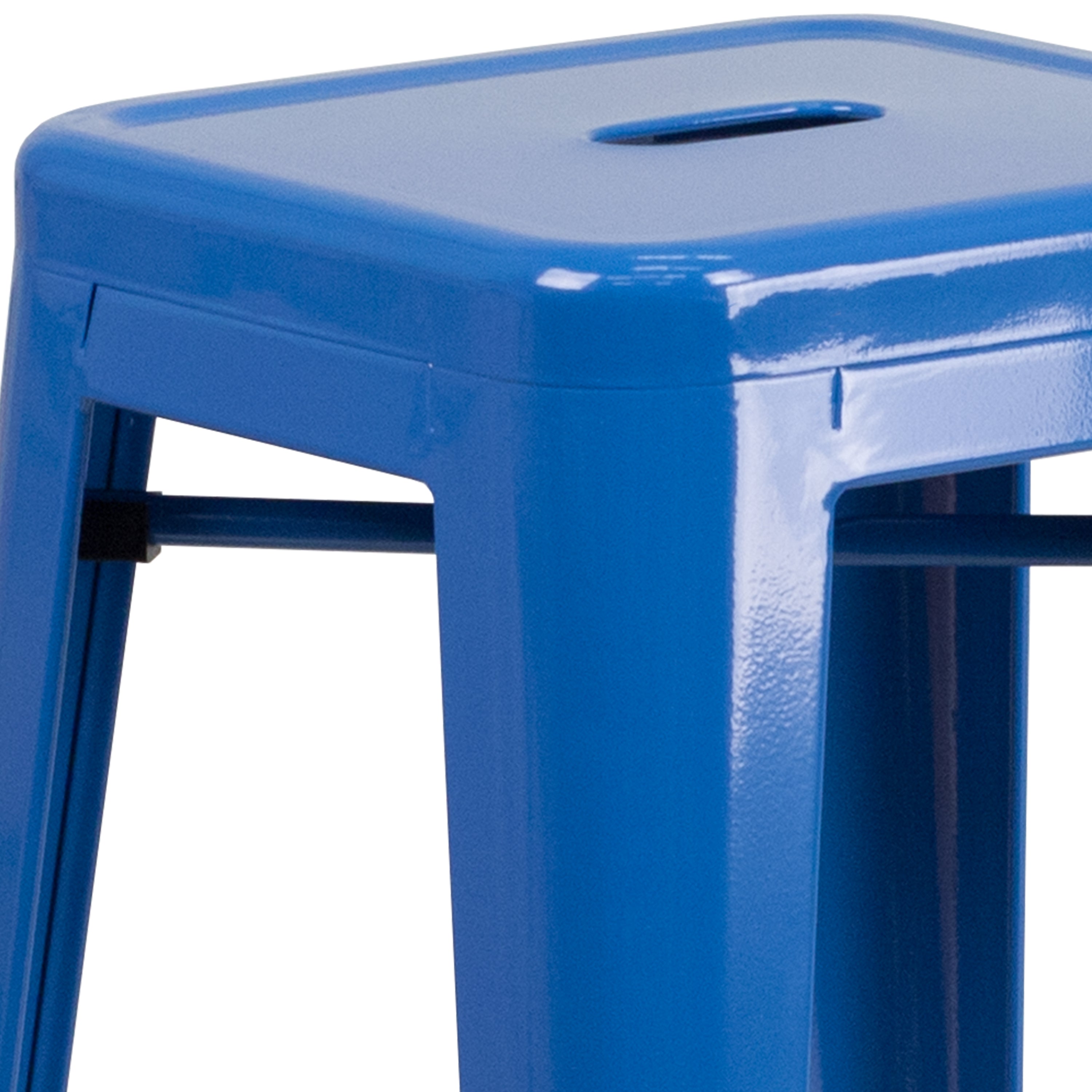 Stone Commercial Grade 23.75" Square Blue Metal Indoor-Outdoor Bar Table Set with 2 Square Seat Backless Stools