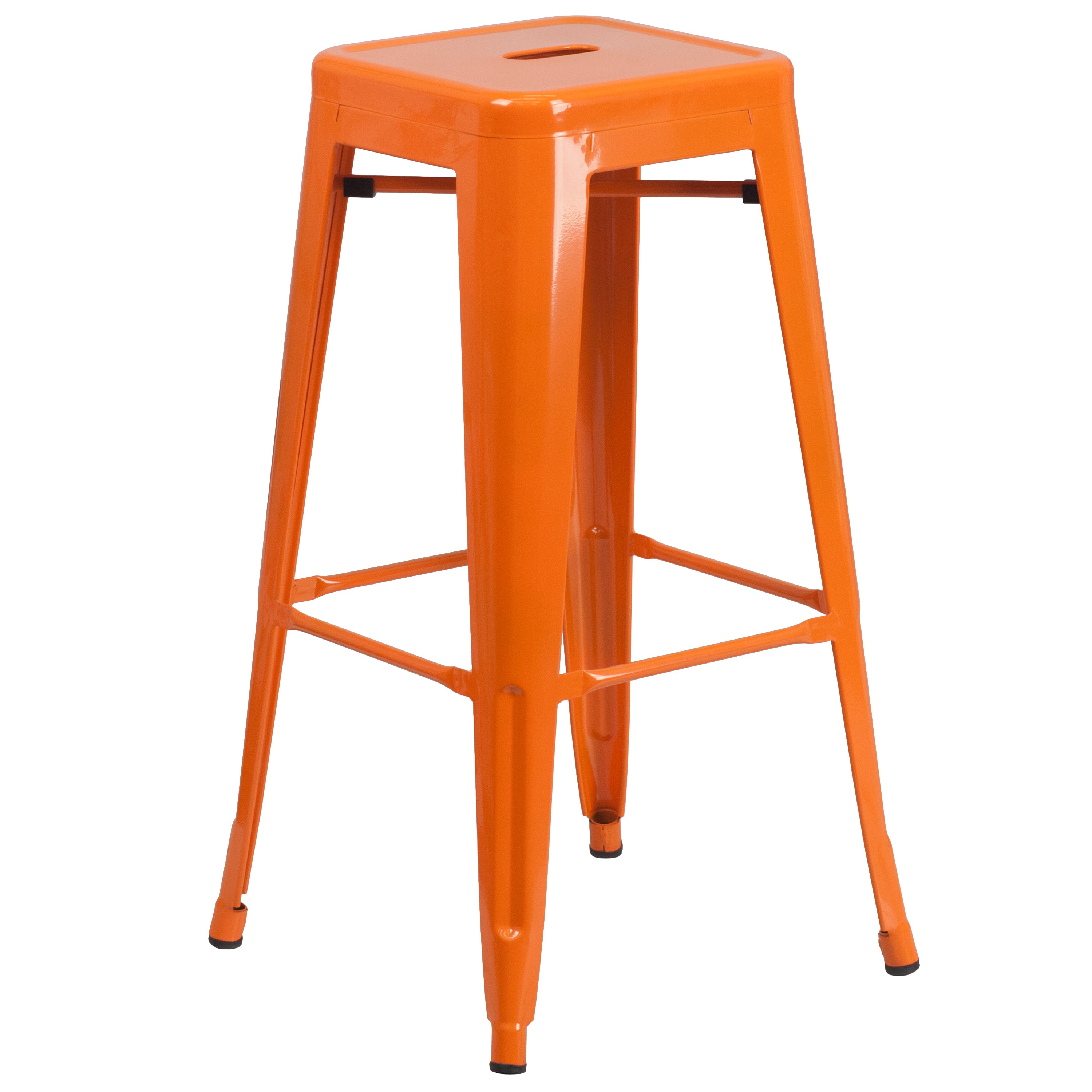 Stone Commercial Grade 23.75" Square Orange Metal Indoor-Outdoor Bar Table Set with 2 Square Seat Backless Stools