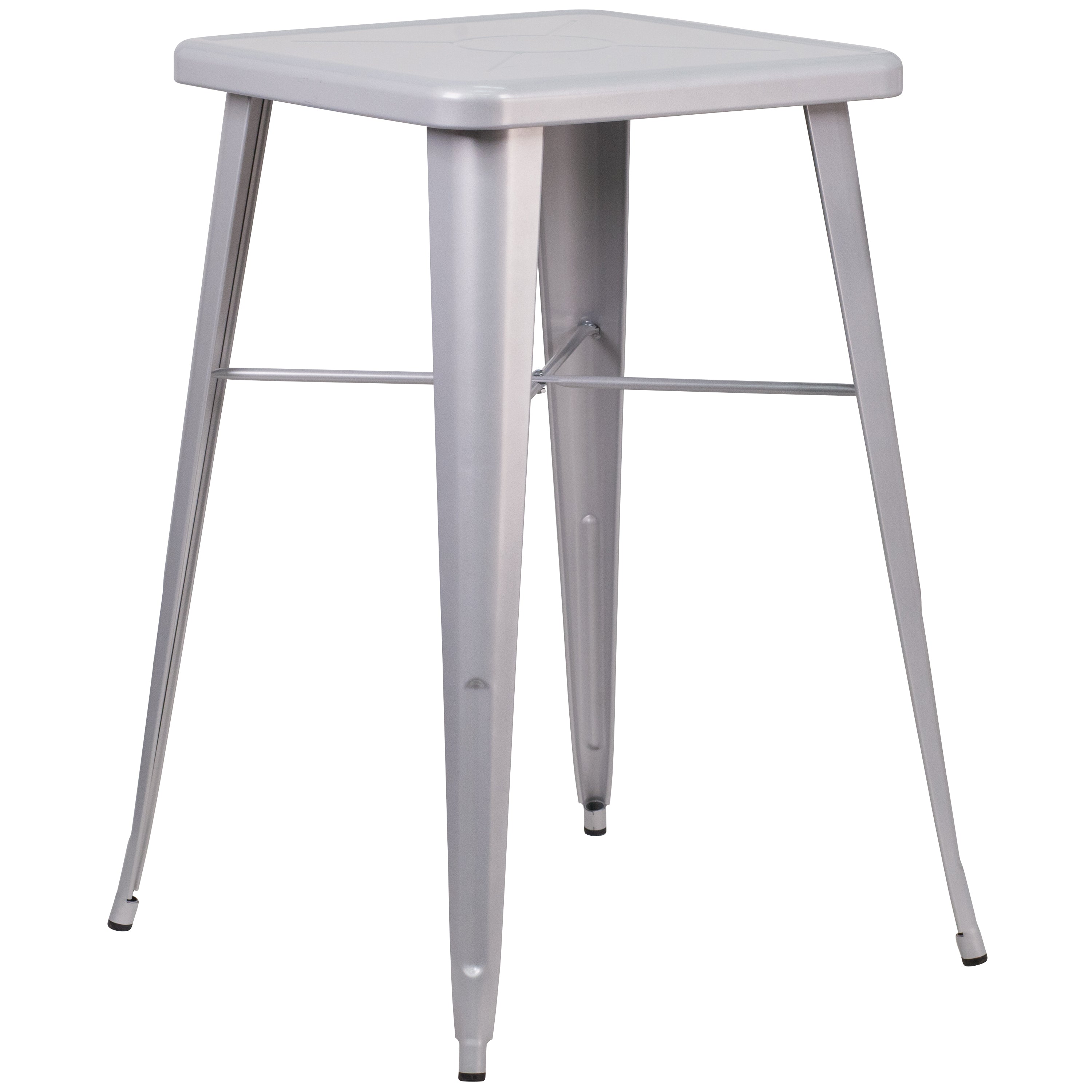 Stone Commercial Grade 23.75" Square Silver Metal Indoor-Outdoor Bar Table Set with 2 Square Seat Backless Stools