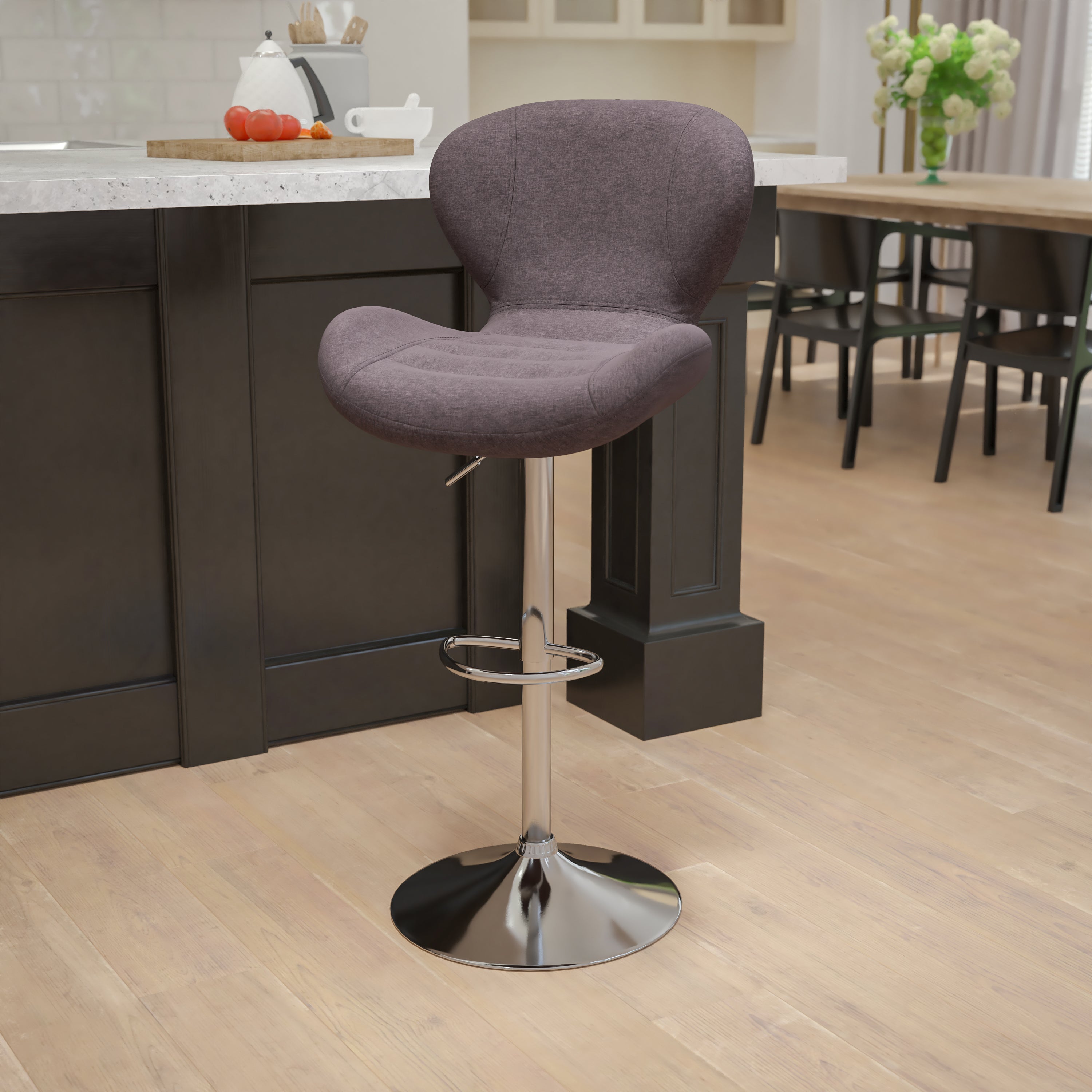 Francis Contemporary Charcoal Fabric Adjustable Height Barstool with Curved Back and Chrome Base