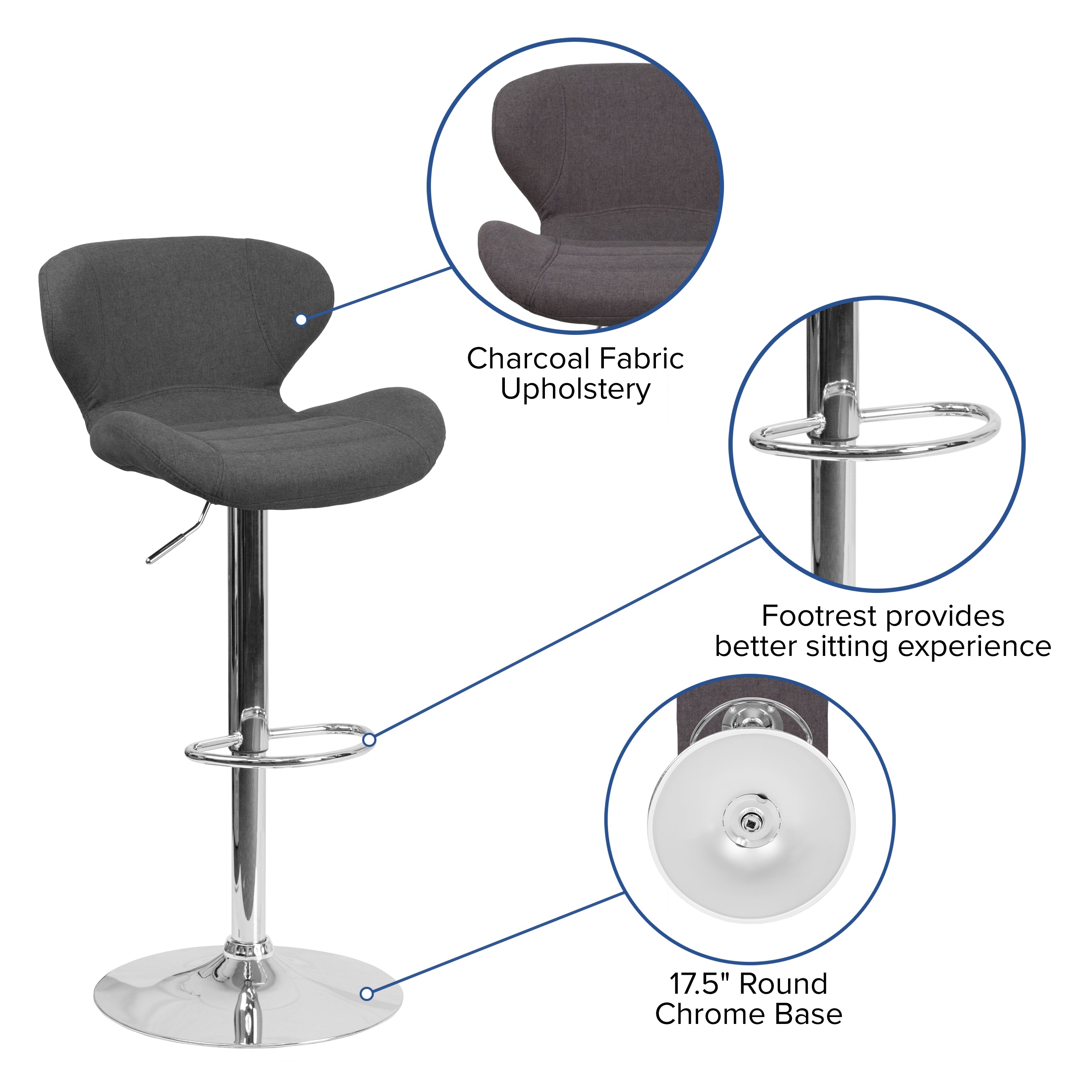 Francis Contemporary Charcoal Fabric Adjustable Height Barstool with Curved Back and Chrome Base