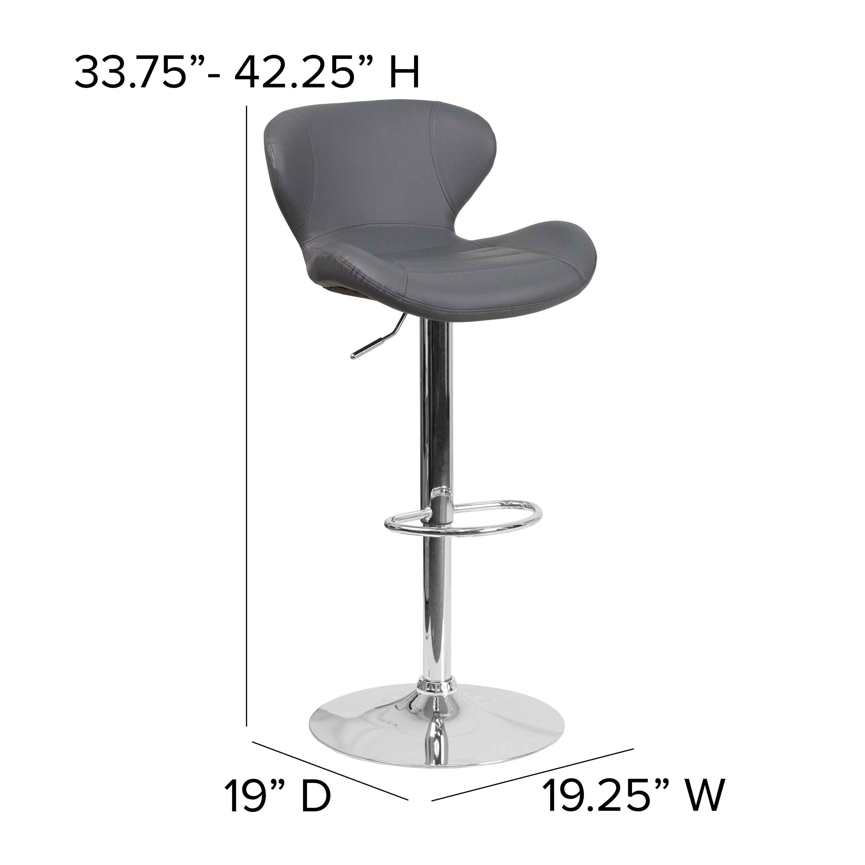 Francis Contemporary Gray Vinyl Adjustable Height Barstool with Curved Back and Chrome Base