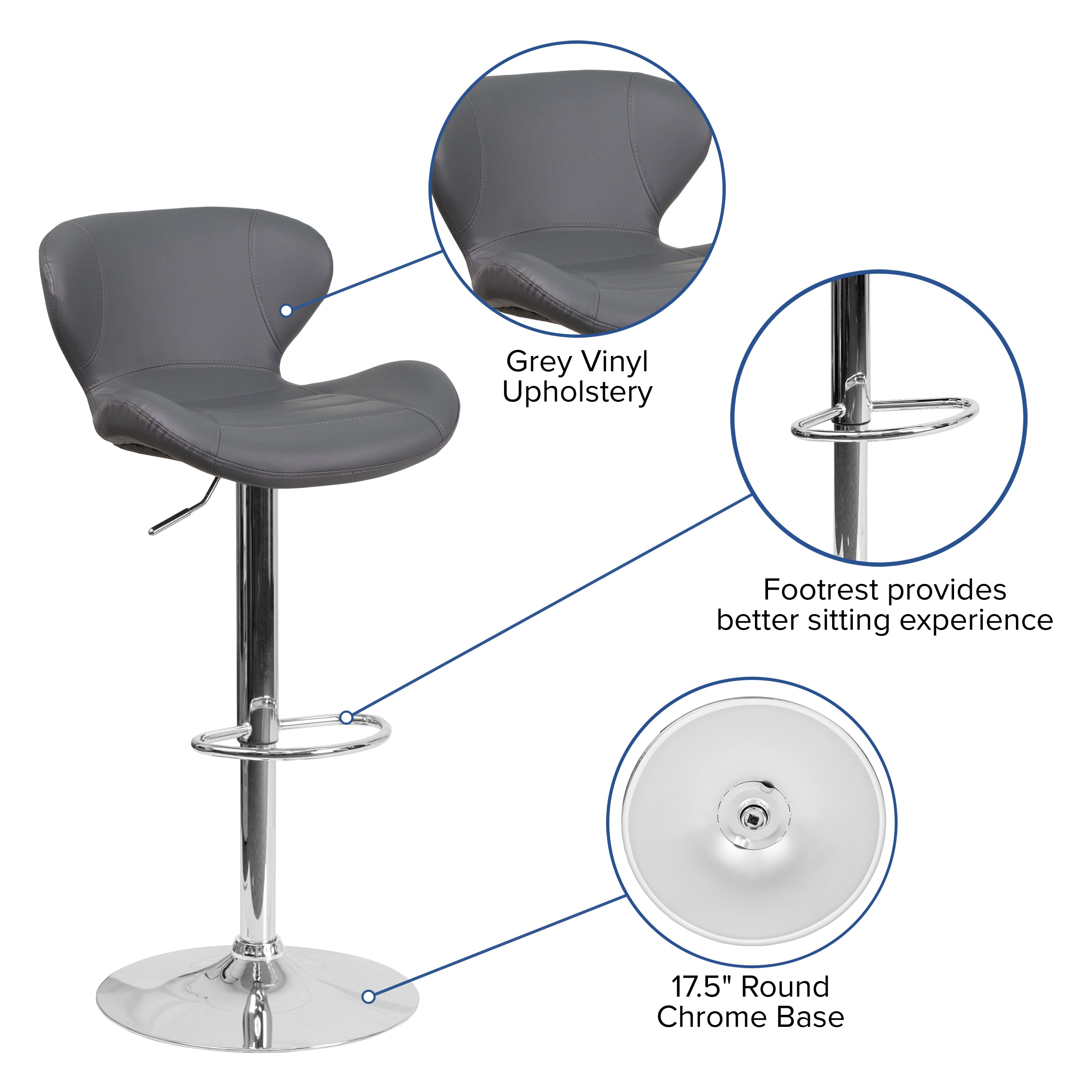 Francis Contemporary Gray Vinyl Adjustable Height Barstool with Curved Back and Chrome Base