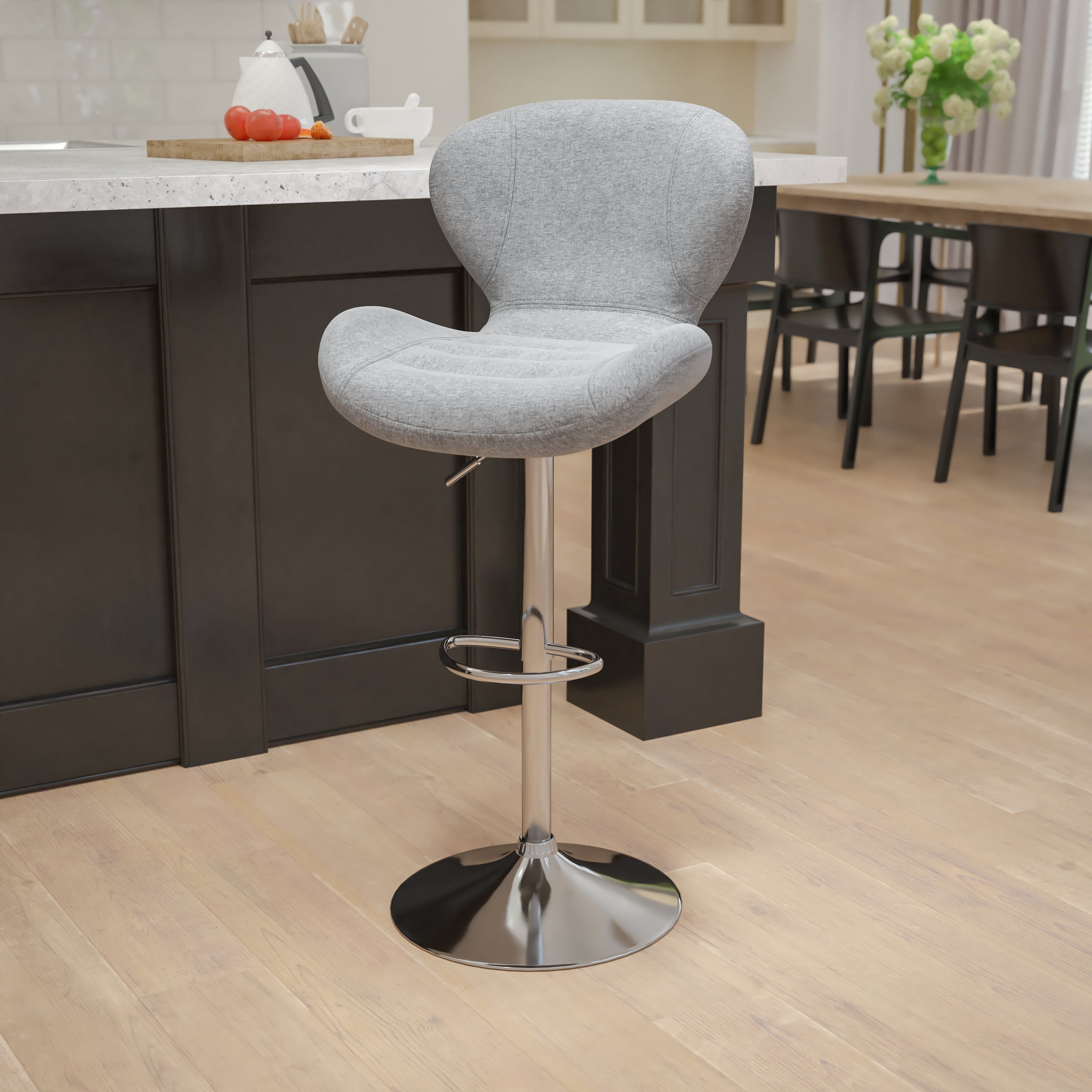 Francis Contemporary Gray Fabric Adjustable Height Barstool with Curved Back and Chrome Base