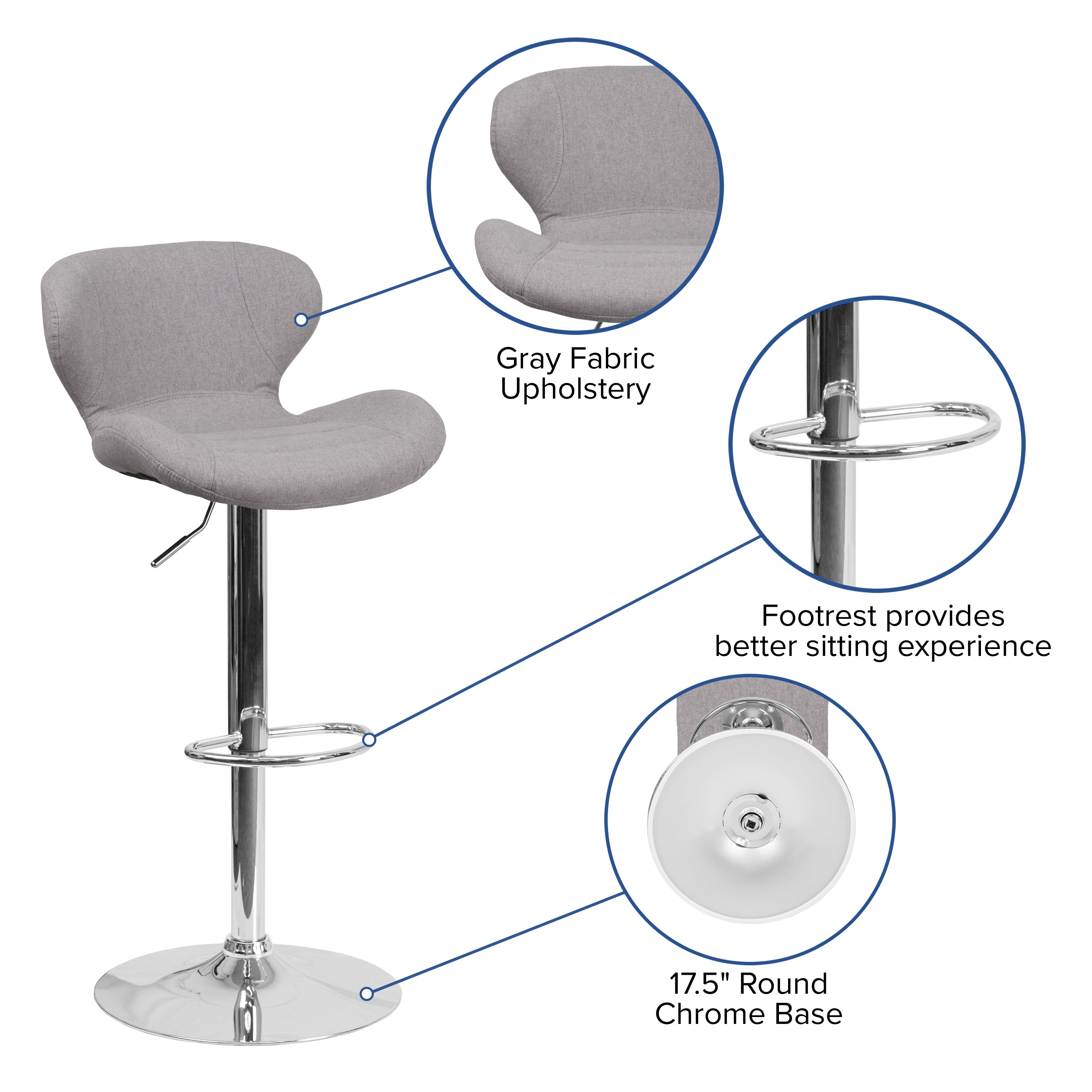 Francis Contemporary Gray Fabric Adjustable Height Barstool with Curved Back and Chrome Base