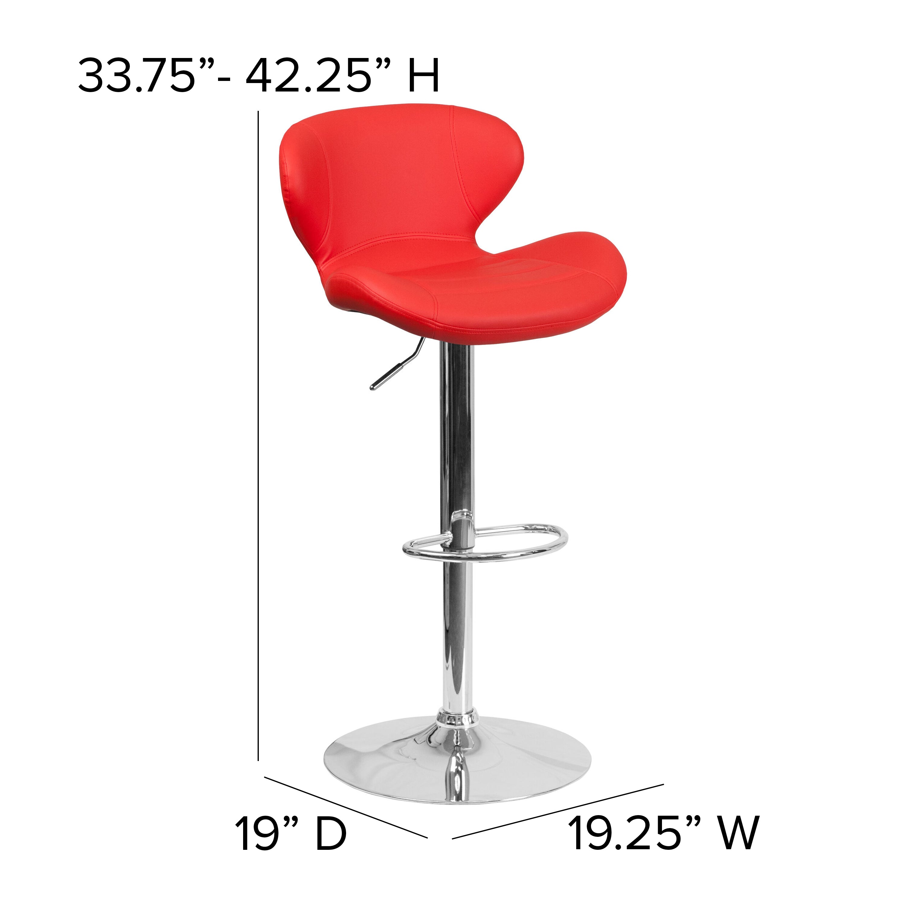 Francis Contemporary Red Vinyl Adjustable Height Barstool with Curved Back and Chrome Base