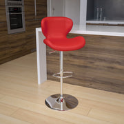 Francis Contemporary Red Vinyl Adjustable Height Barstool with Curved Back and Chrome Base