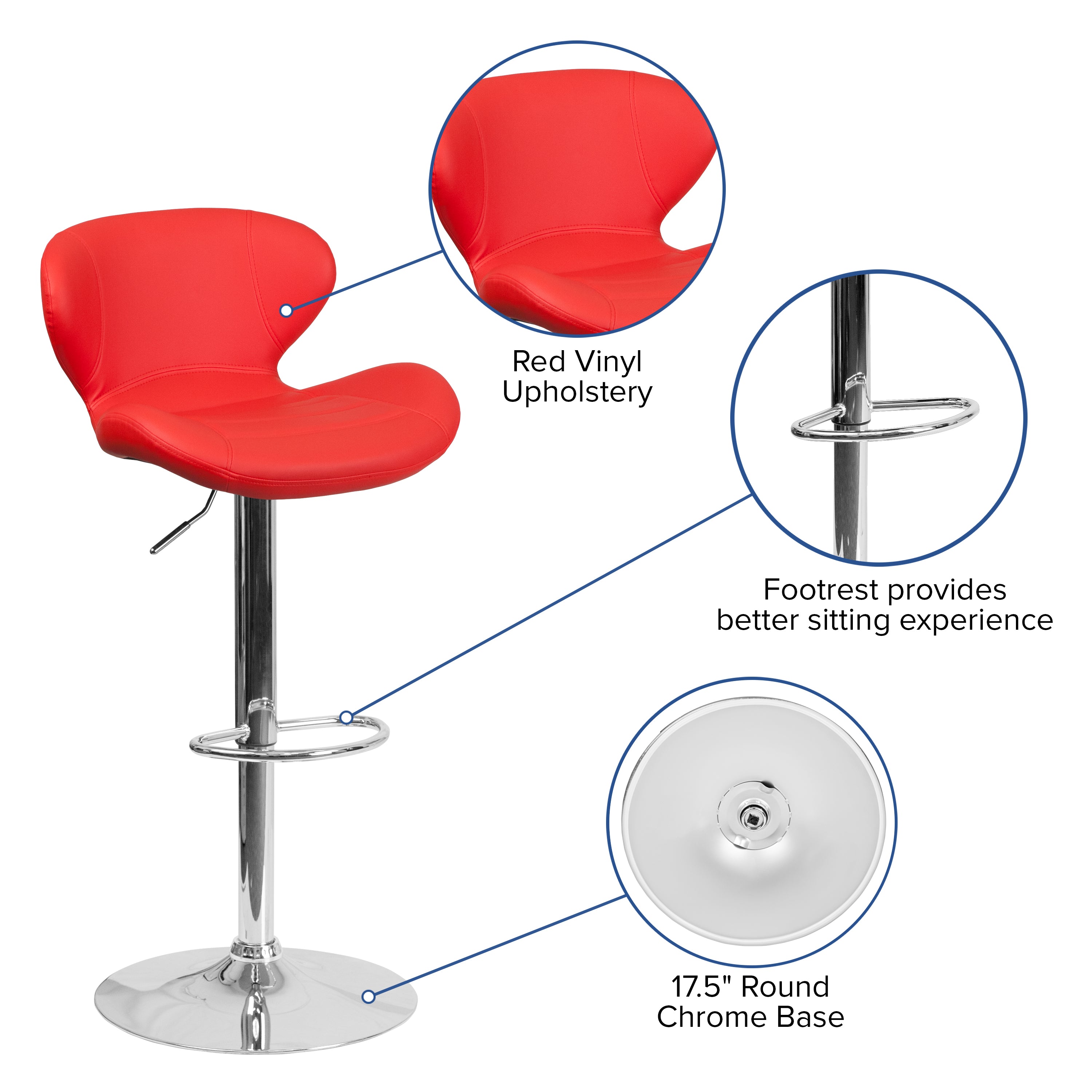 Francis Contemporary Red Vinyl Adjustable Height Barstool with Curved Back and Chrome Base
