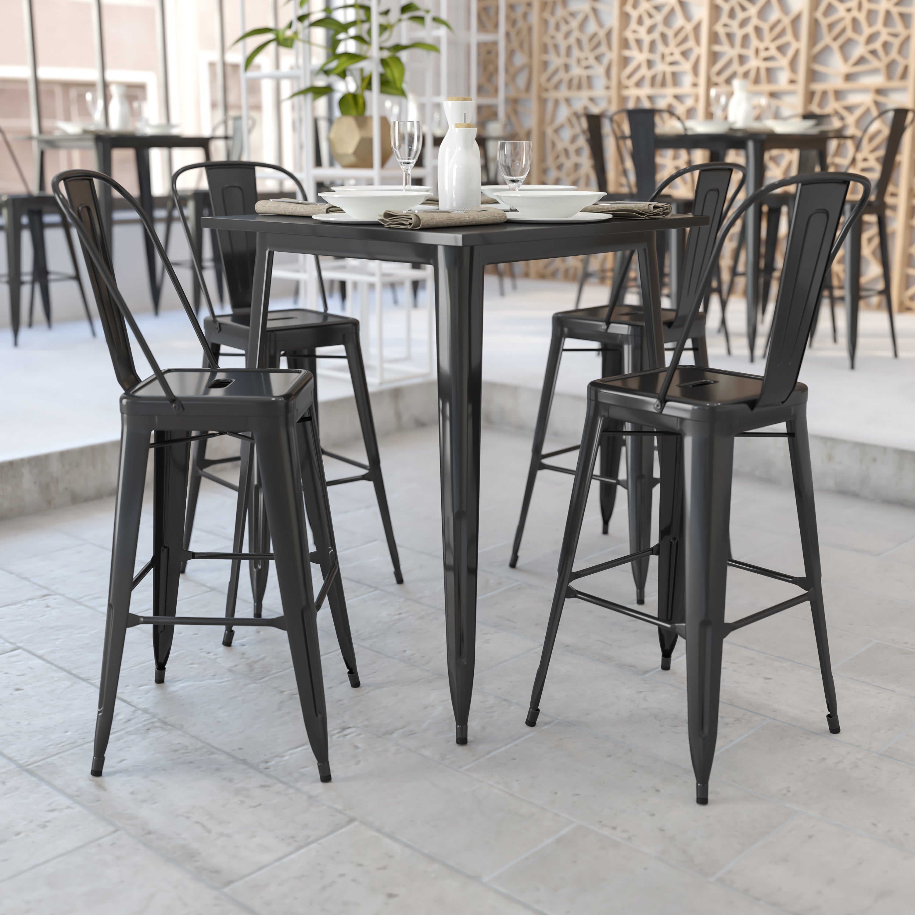 Nolan Commercial Grade 31.5" Square Black Metal Indoor-Outdoor Bar Height Table