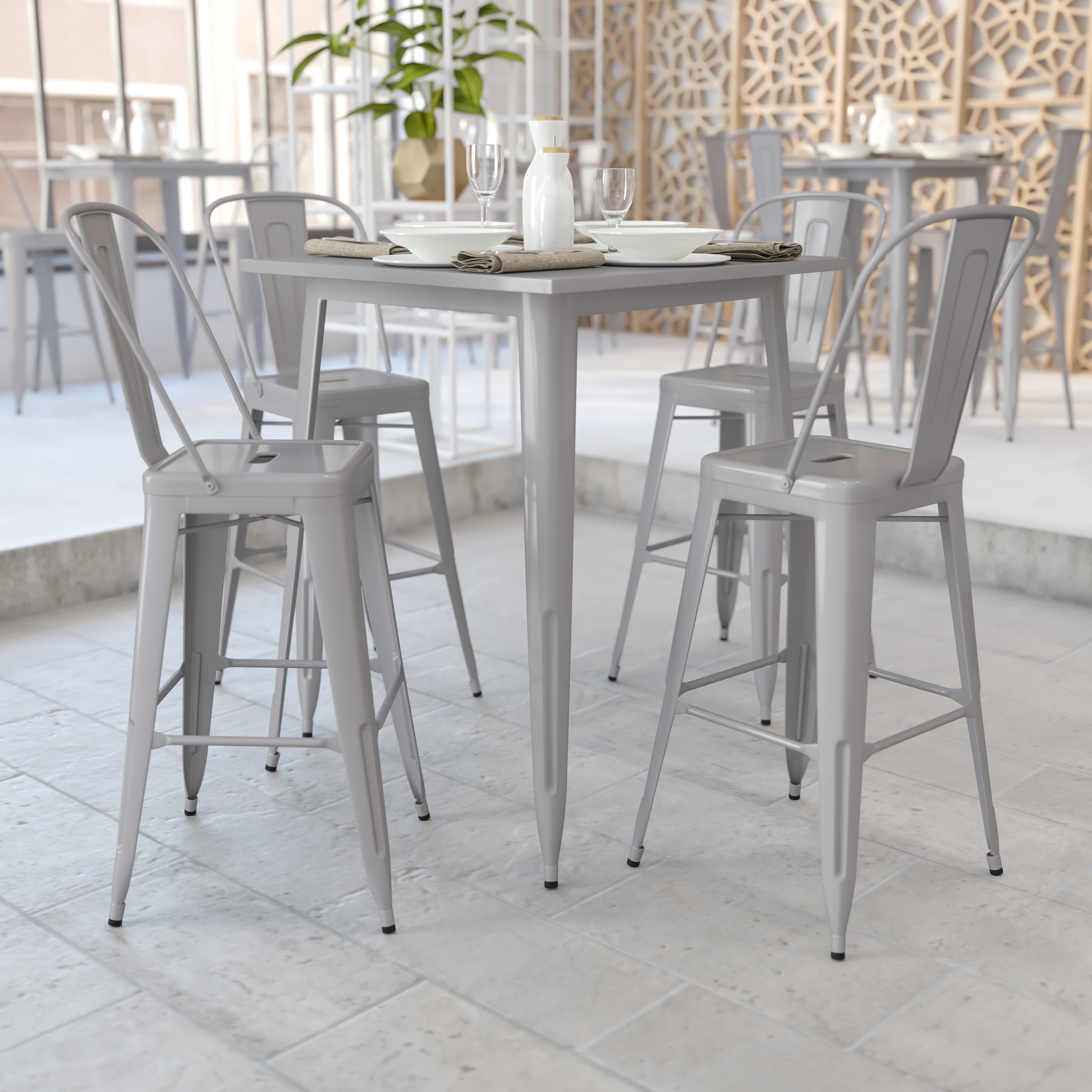 Nolan Commercial Grade 31.5" Square Silver Metal Indoor-Outdoor Bar Height Table