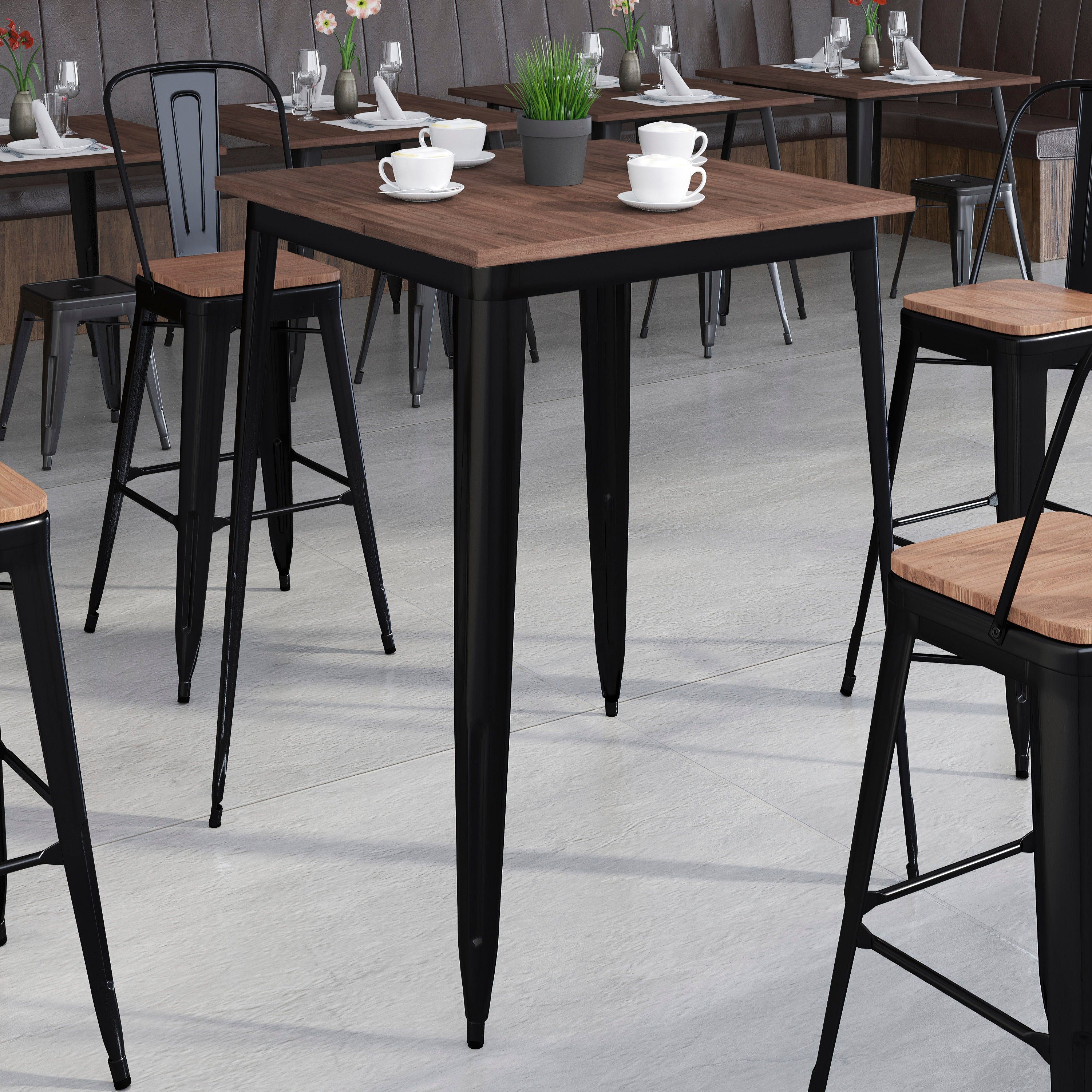 Nolan 31.5" Square Black Metal Indoor Bar Height Table with Walnut Rustic Wood Top