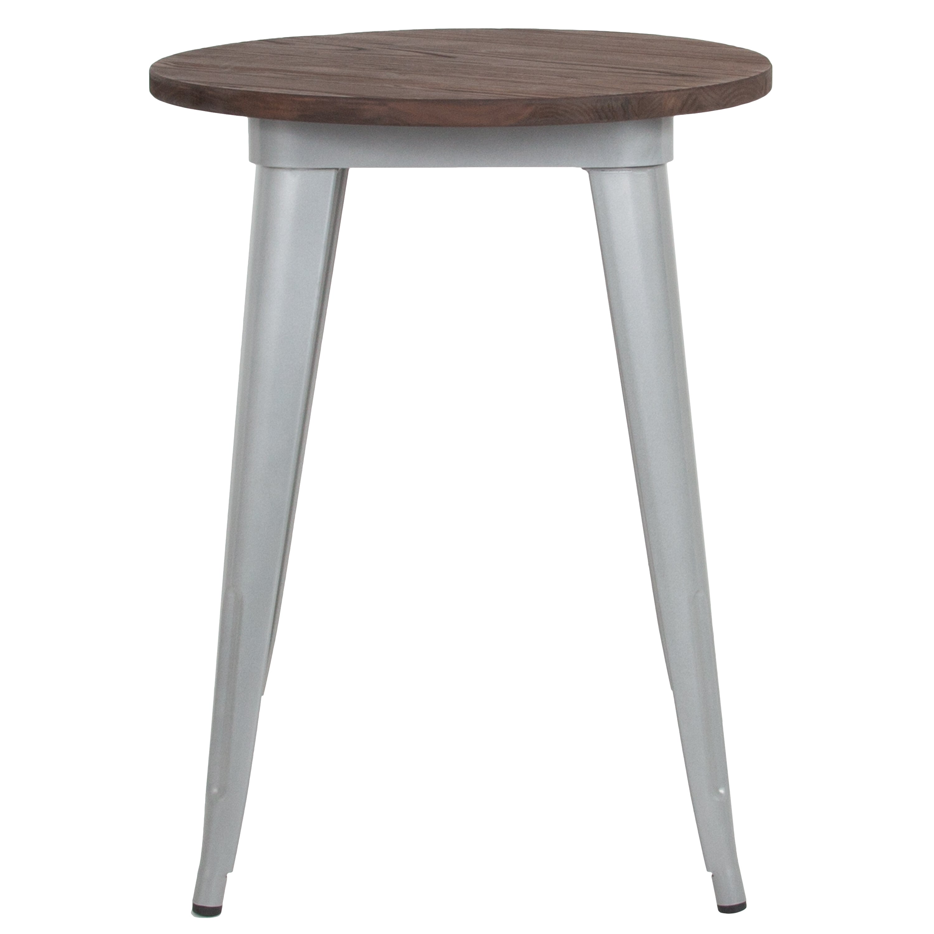 Webb 24" Round Silver Metal Indoor Table with Walnut Rustic Wood Top
