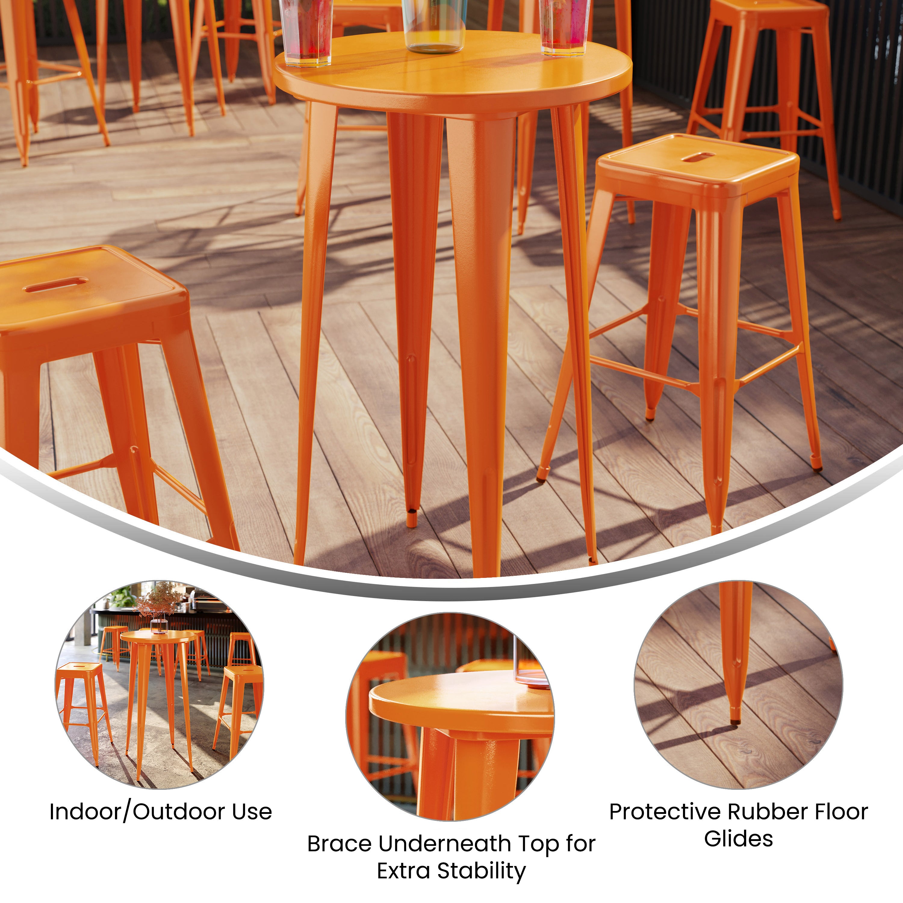 James Commercial Grade 24" Round Orange Metal Indoor-Outdoor Bar Height Table